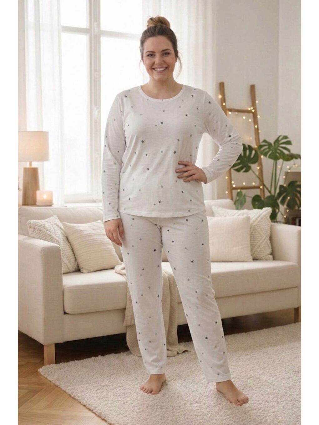 Yeşil Yıldız Desenli Büyük Beden Pijama Takımı-1