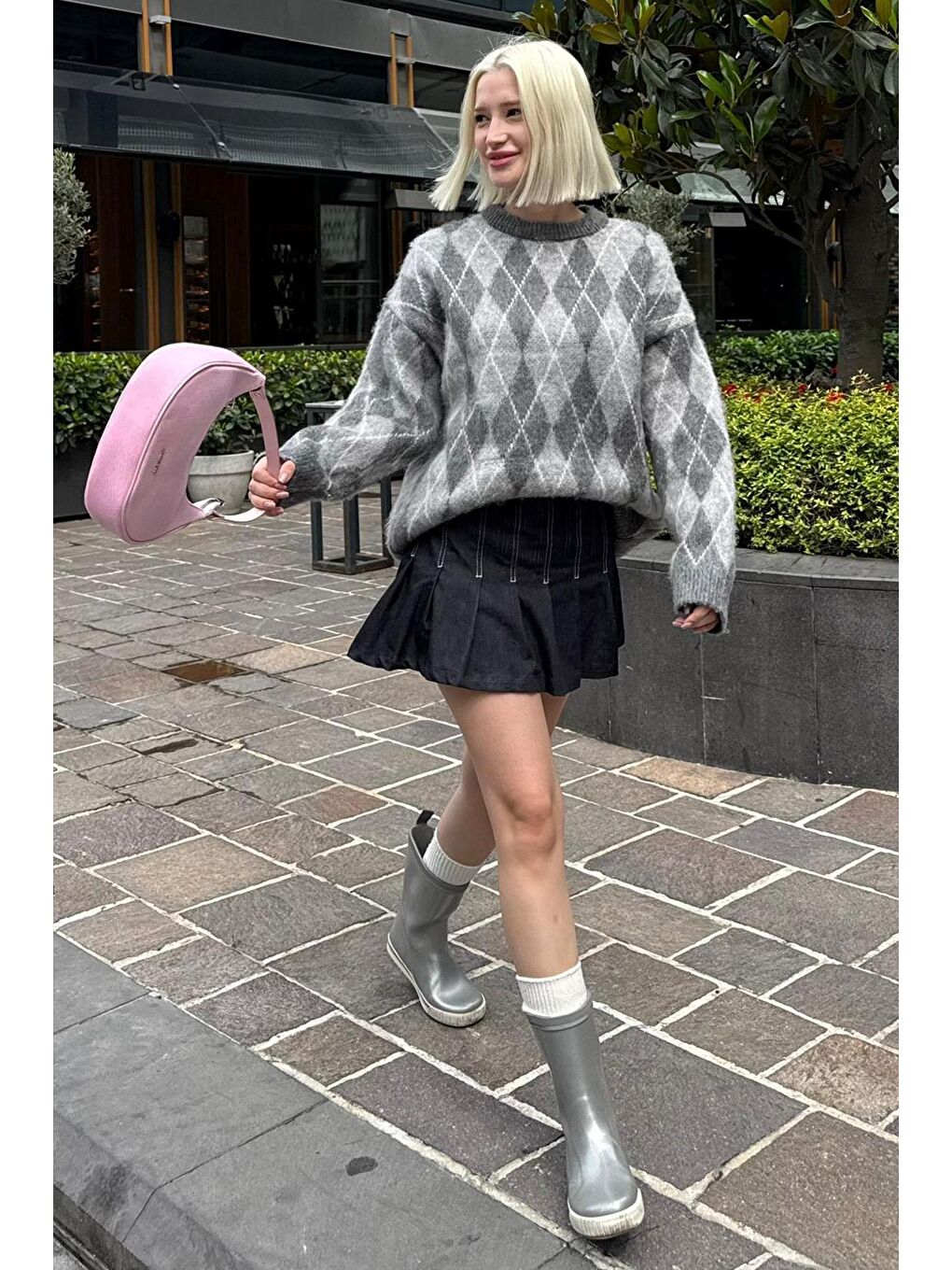 Antrasit Bisiklet Yaka Şardonlu Baklava Desenli Kazak Mg2493-6