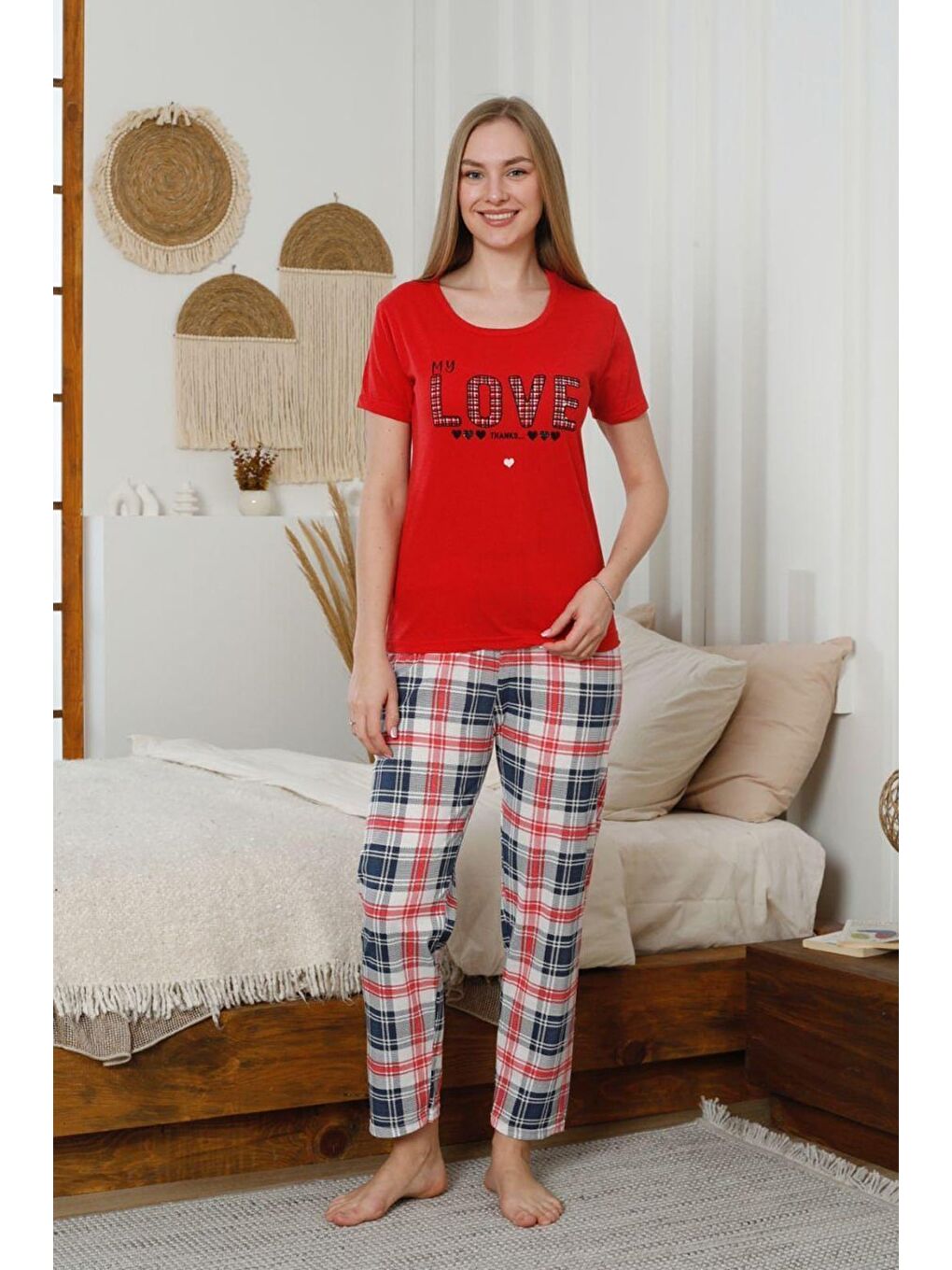 Lacivert Ekose Desenli Bisiklet Yaka Pijama Takımı-1