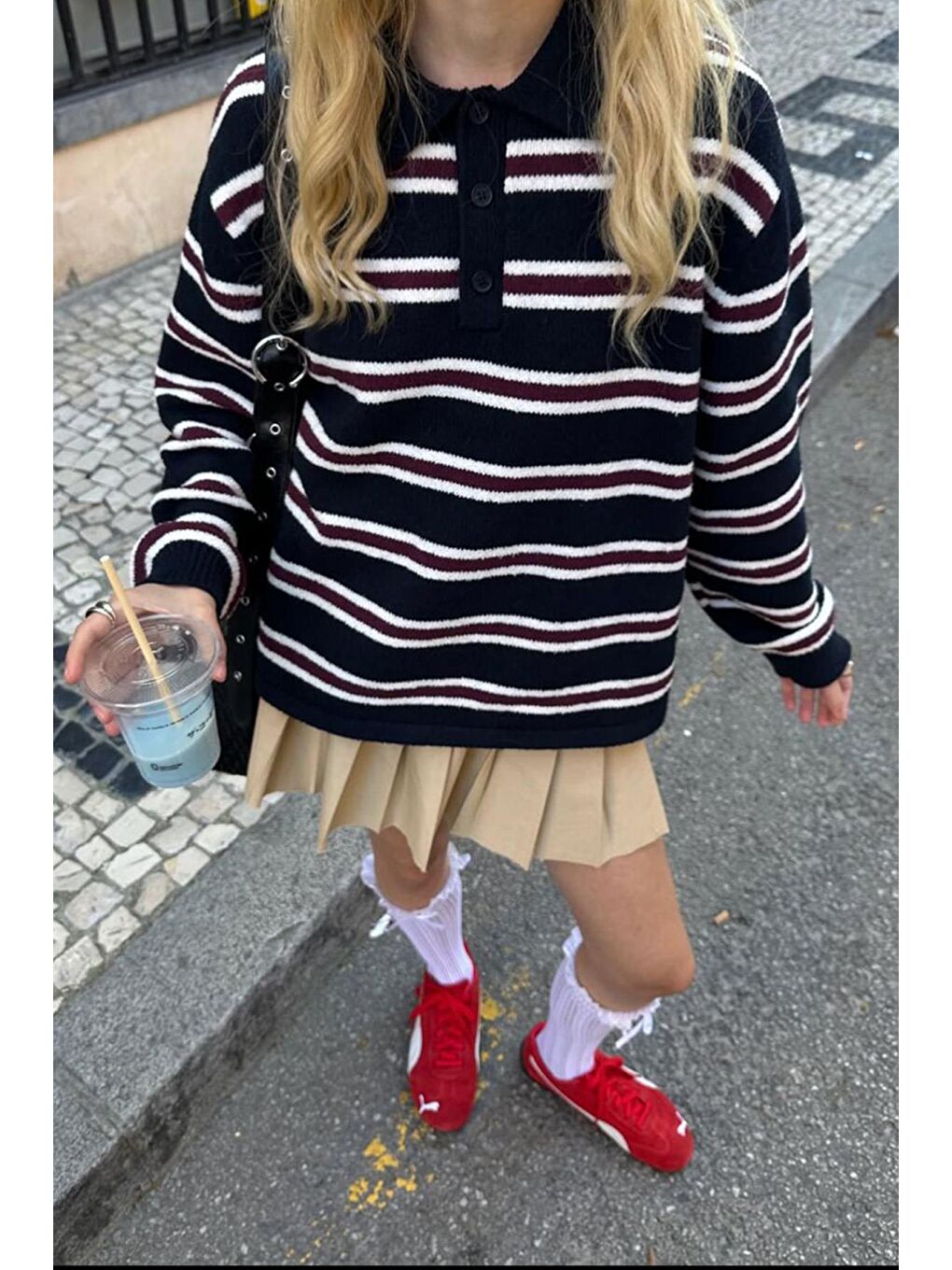 Siyah Polo Yaka Çizgili Kadın Triko Kazak Mg2469-2