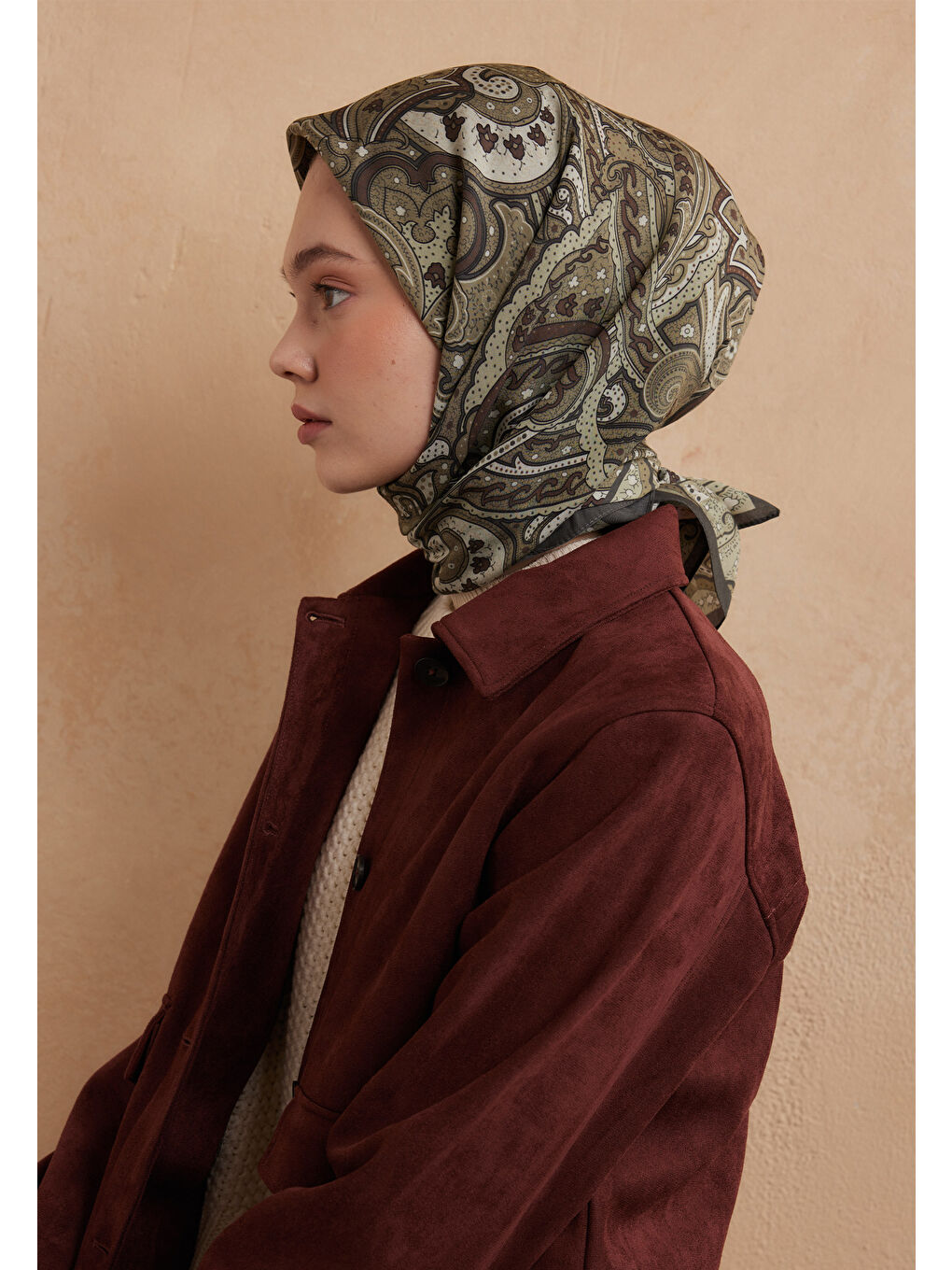 Sıara Desen Pamuk İpek Eşarp Küf Yeşili-2