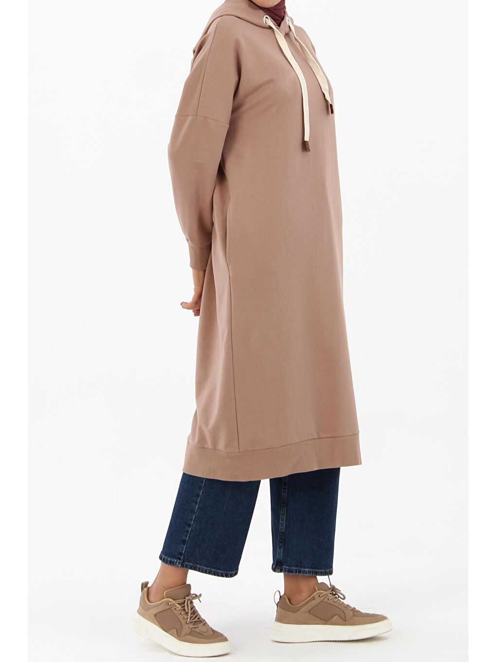 Bej Vizon Kuşgözlü Kapüşonlu Cepli Sweat Tunik-2