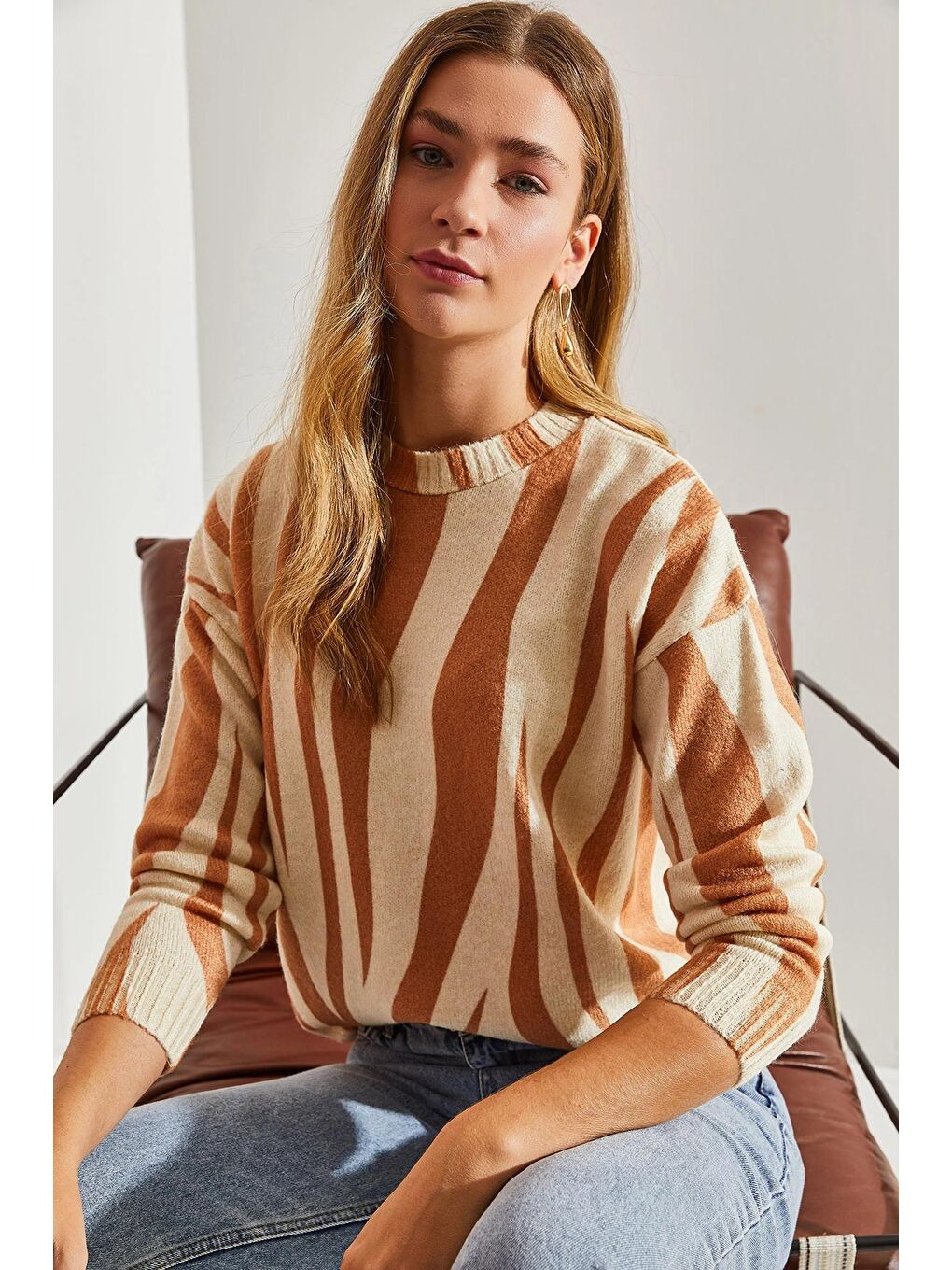 Bej Kadın Parçalı Triko Kazak-3