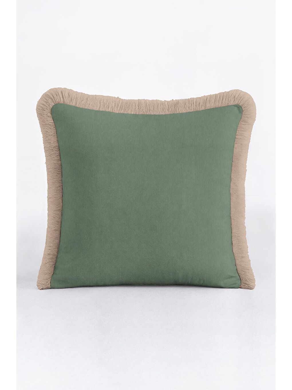 Karışık Zengin Kadife Lüks Saçaklı Yastık Kılıfı - Bohem Doğal Yeşil Bej Püsküllü Kırlent Kılıfı