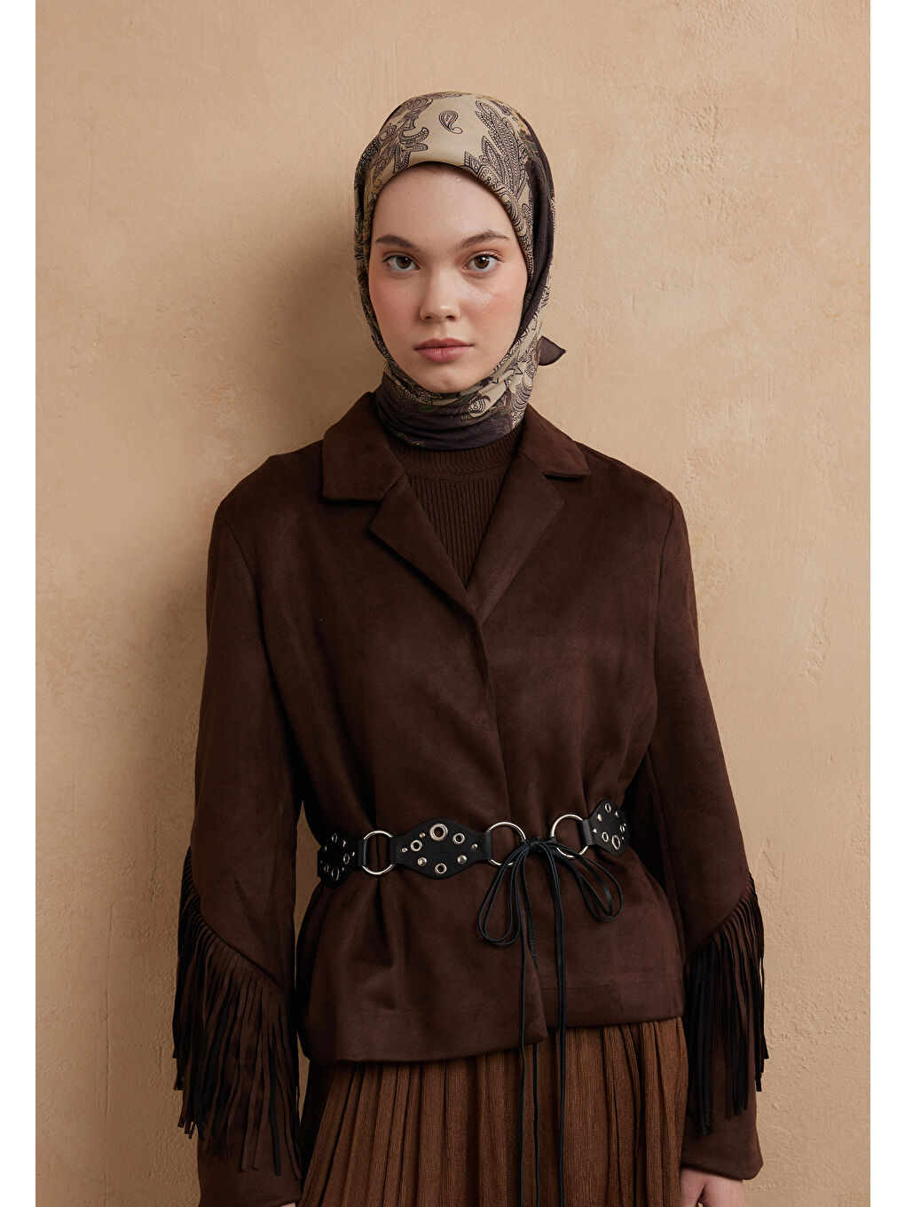 Kahverengi Darıa Desen Pamuk İpek Eşarp Kızıl Kahve-1