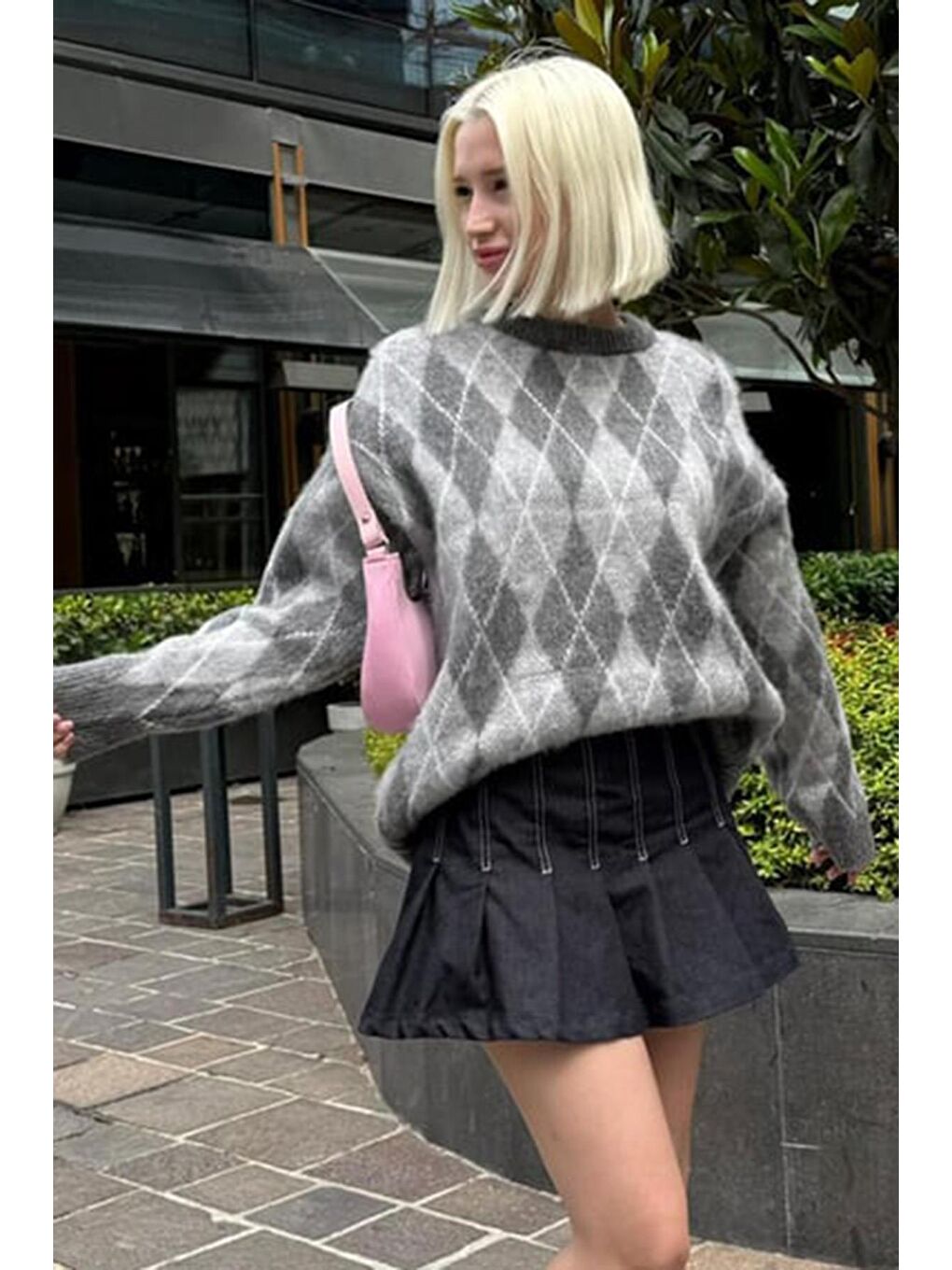 Antrasit Bisiklet Yaka Şardonlu Baklava Desenli Kazak Mg2493-7