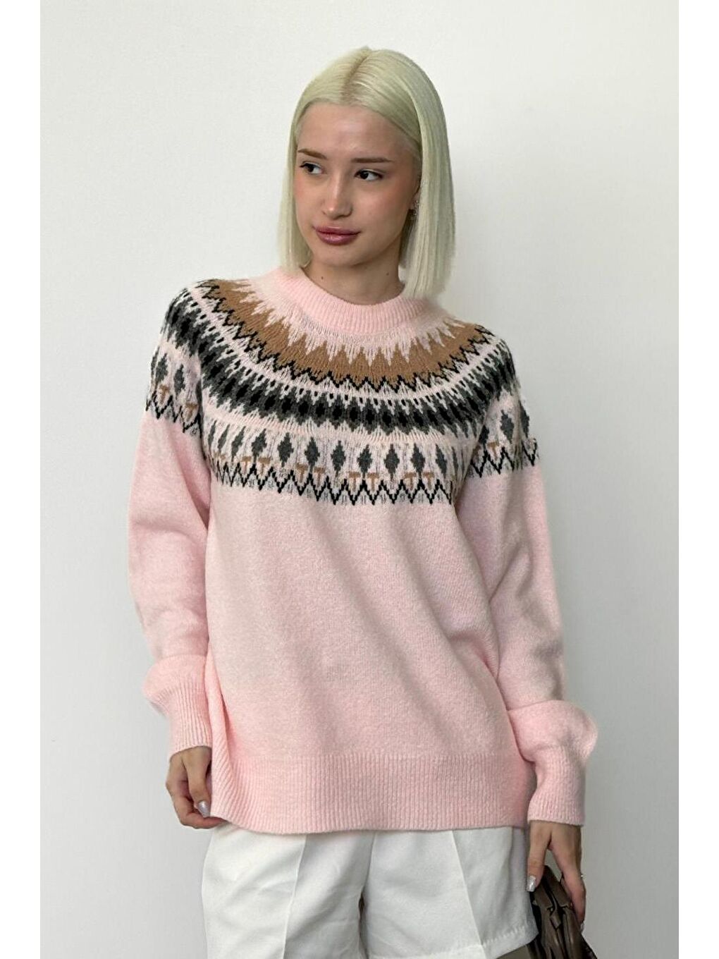 Pembe Bisiklet Yaka Desenli Kadın Triko Kazak Mg2502-4