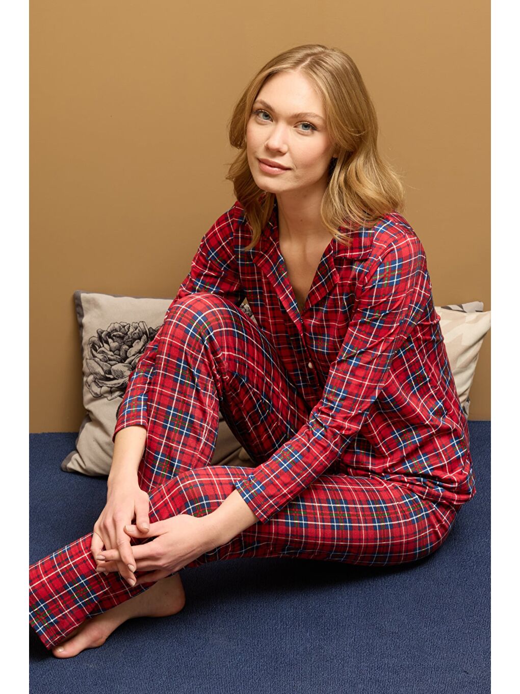 Bordo Ekose Desenli Gömlek Yaka Pijama Takımı