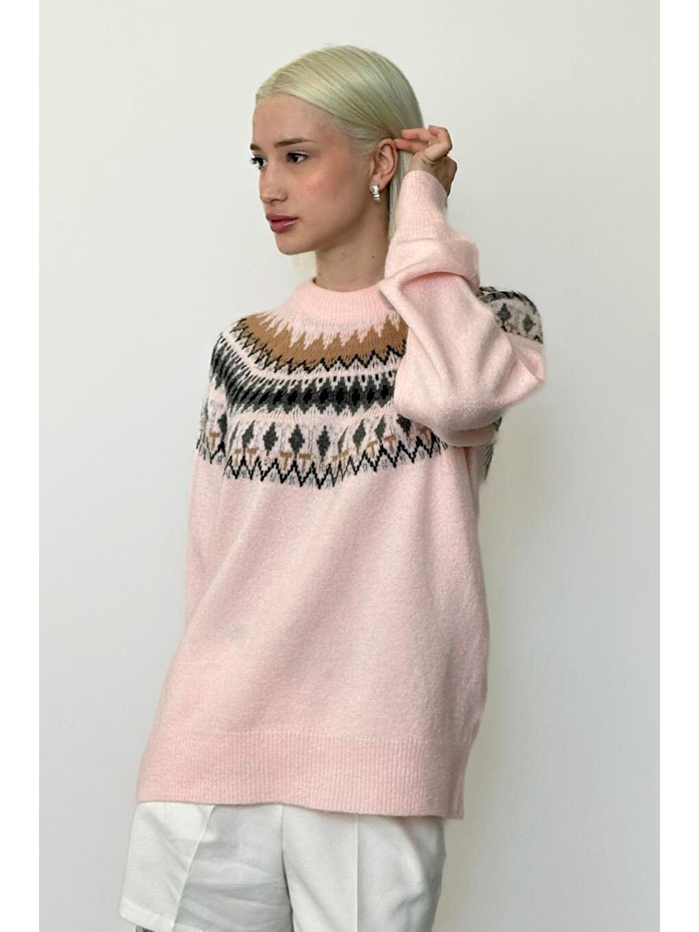 Pembe Bisiklet Yaka Desenli Kadın Triko Kazak Mg2502-5