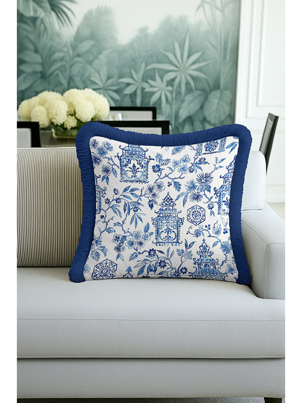 Karışık Zarif Motifli Saçaklı Yastık Kılıfı - Chinoiserie Bahar Mavisi Vintage Püsküllü Kırlent Kılıfı