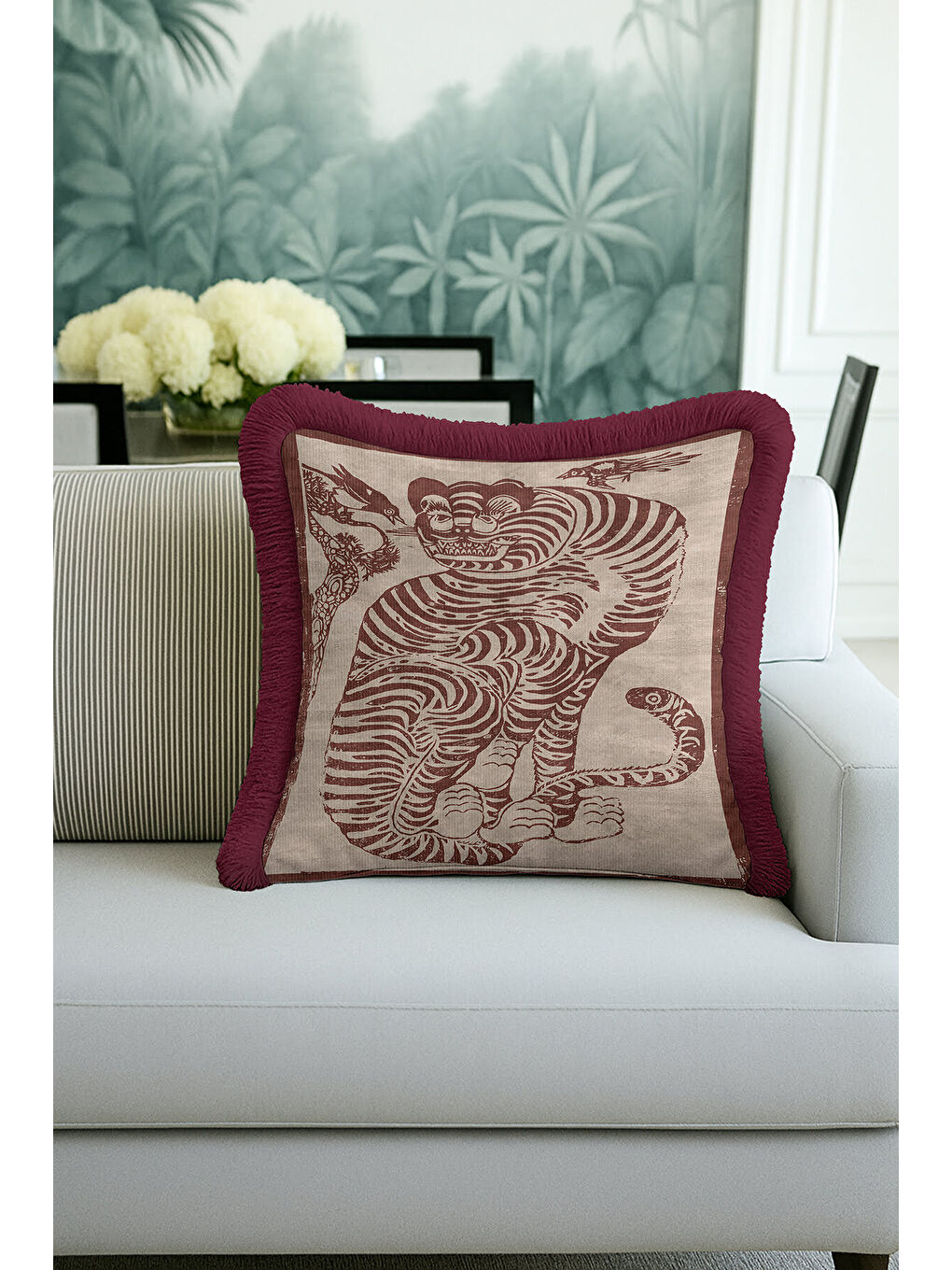 Karışık Asya Esintili Kaplan Motifli Saçaklı Yastık Kılıfı - Retro Bordo Bohem Püsküllü Kırlent Kılıfı-1