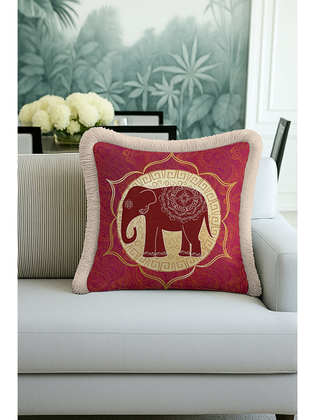 Karışık Hintli Mandala Fil Saçaklı Yastık Kılıfı - Etnik Bohem Kırmızı Sarı Gold Püsküllü Kırlent Kılıfı-1