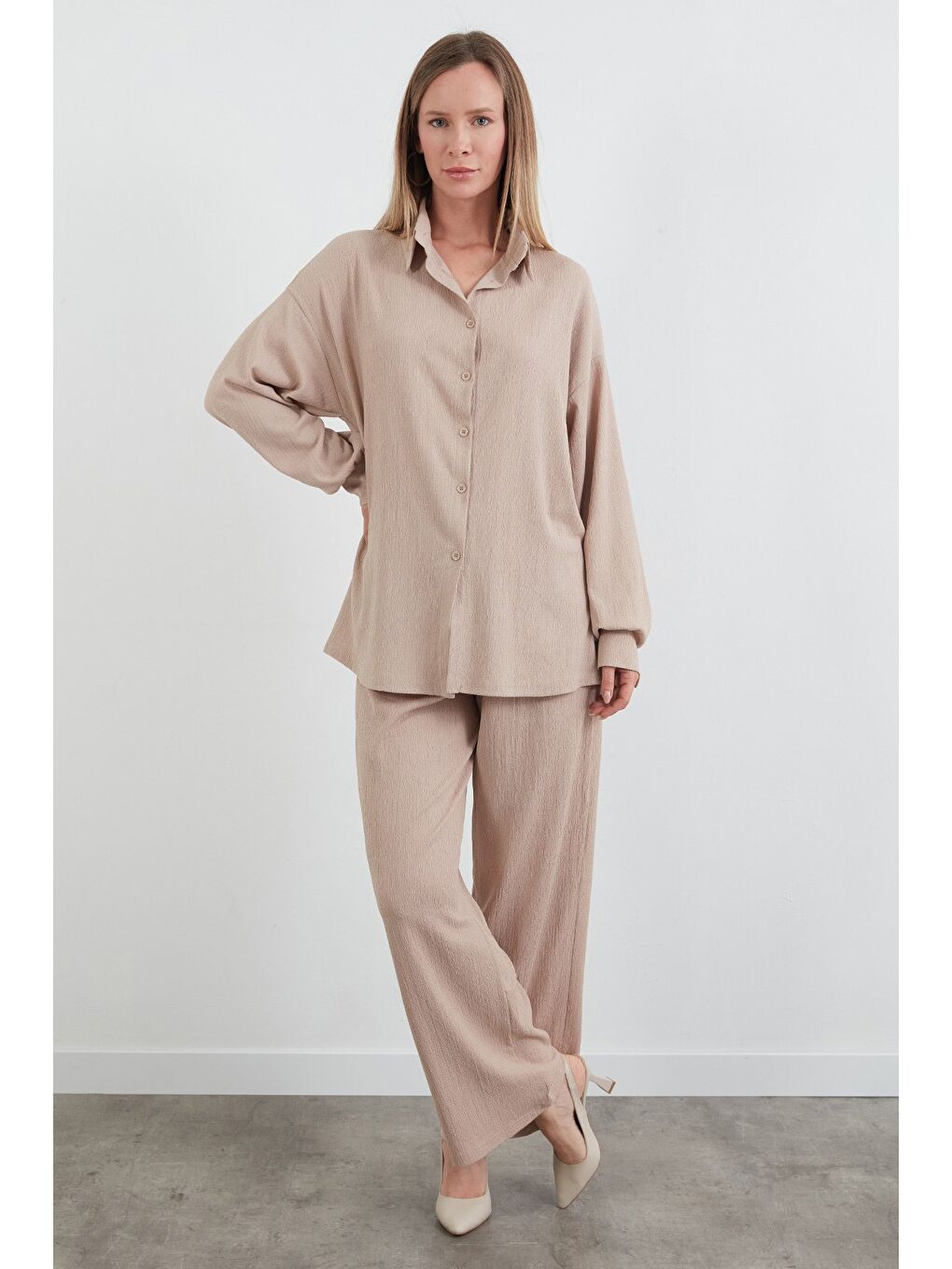 Bej Fullamodest Gömlek Yaka Bürümcük Kumaş 2 Li Takım