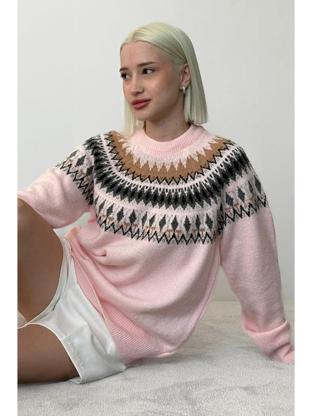 Pembe Bisiklet Yaka Desenli Kadın Triko Kazak Mg2502-6