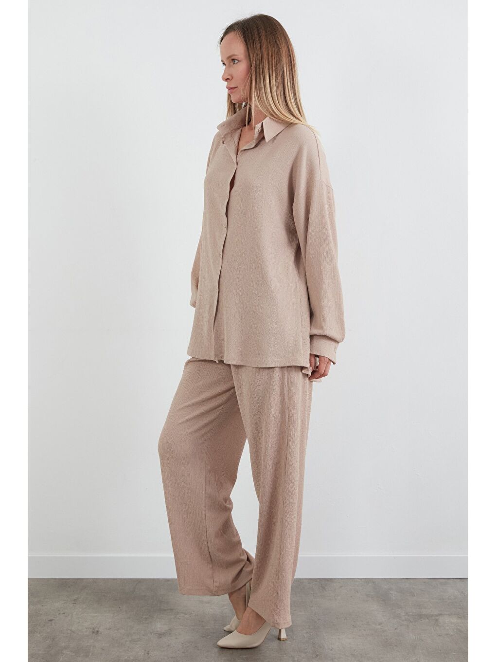 Bej Fullamodest Gömlek Yaka Bürümcük Kumaş 2 Li Takım-1
