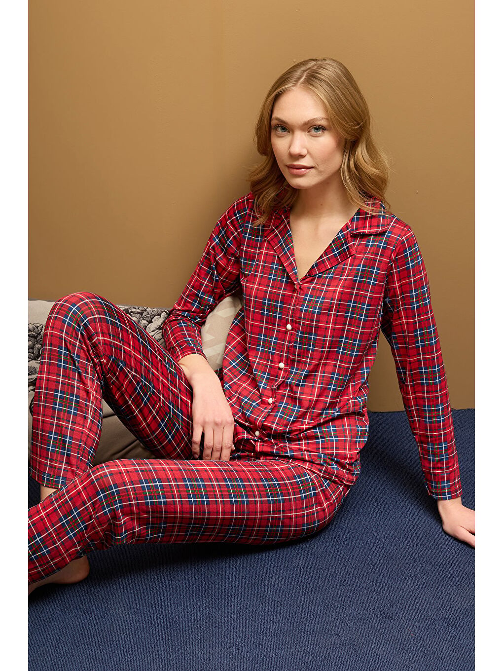 Bordo Ekose Desenli Gömlek Yaka Pijama Takımı-1