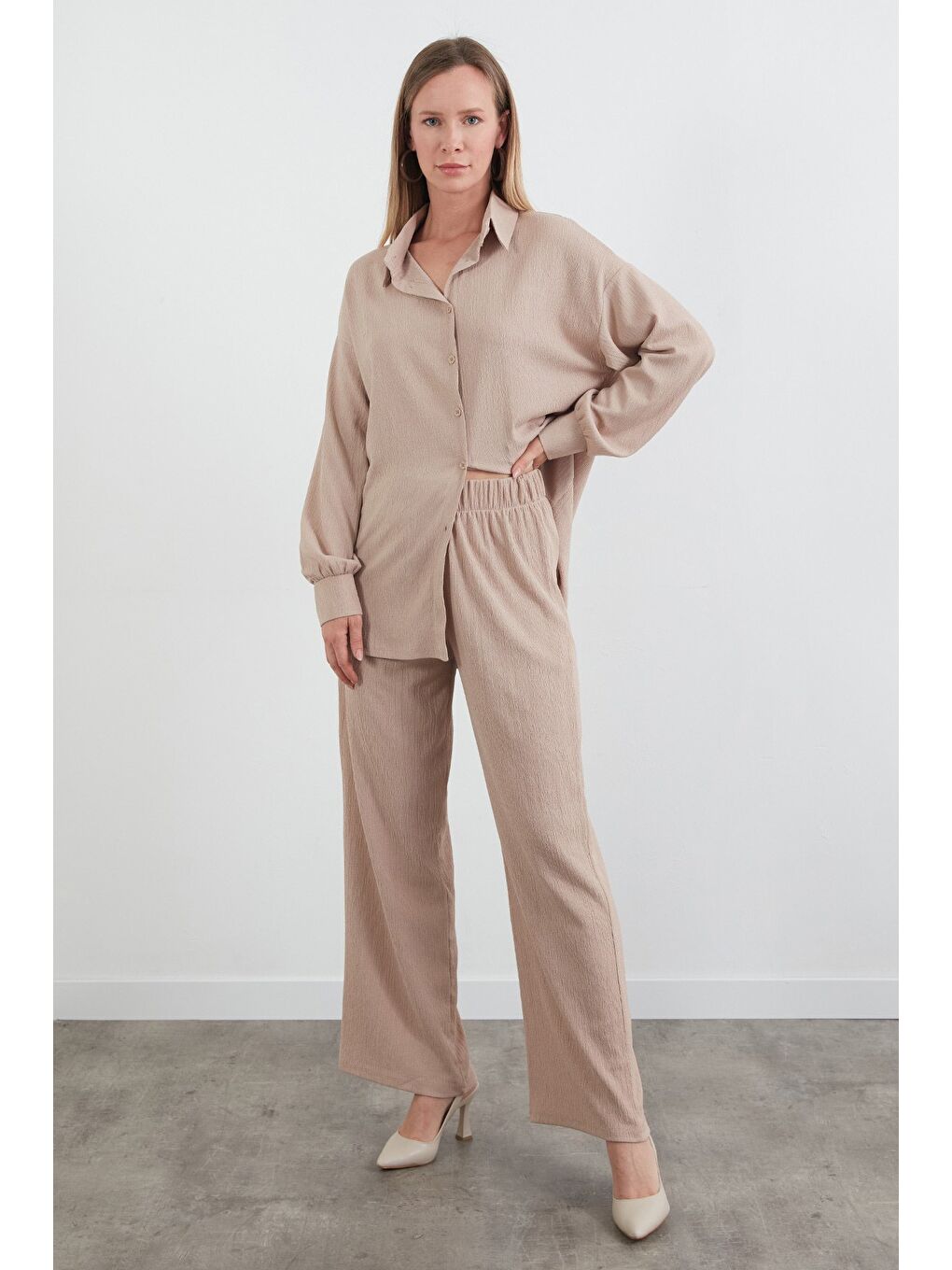 Bej Fullamodest Gömlek Yaka Bürümcük Kumaş 2 Li Takım-2