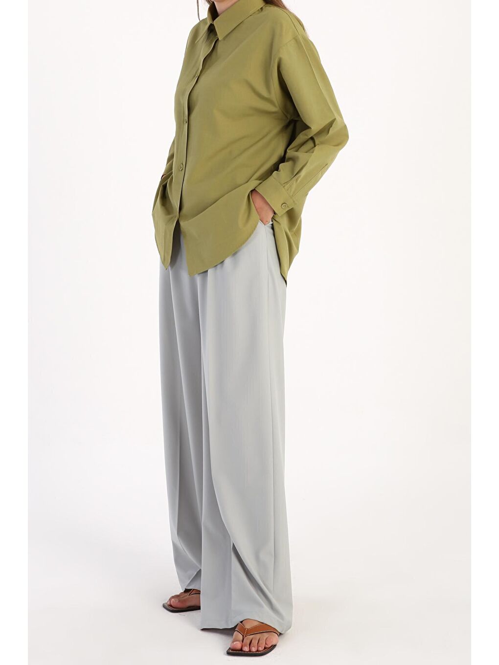 Yağ Yeşili Kumaş Kaplamalı Düğmeli Oversize Gömlek-2