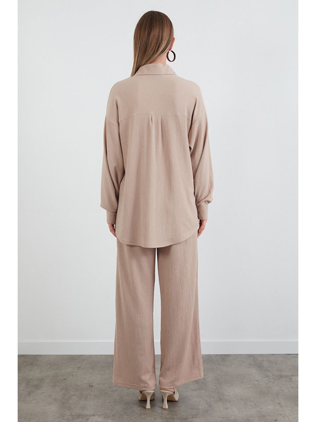 Bej Fullamodest Gömlek Yaka Bürümcük Kumaş 2 Li Takım-3