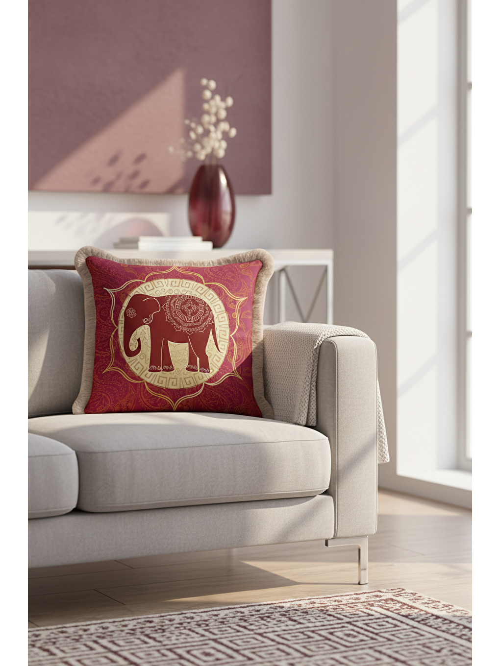 Karışık Hintli Mandala Fil Saçaklı Yastık Kılıfı - Etnik Bohem Kırmızı Sarı Gold Püsküllü Kırlent Kılıfı-2