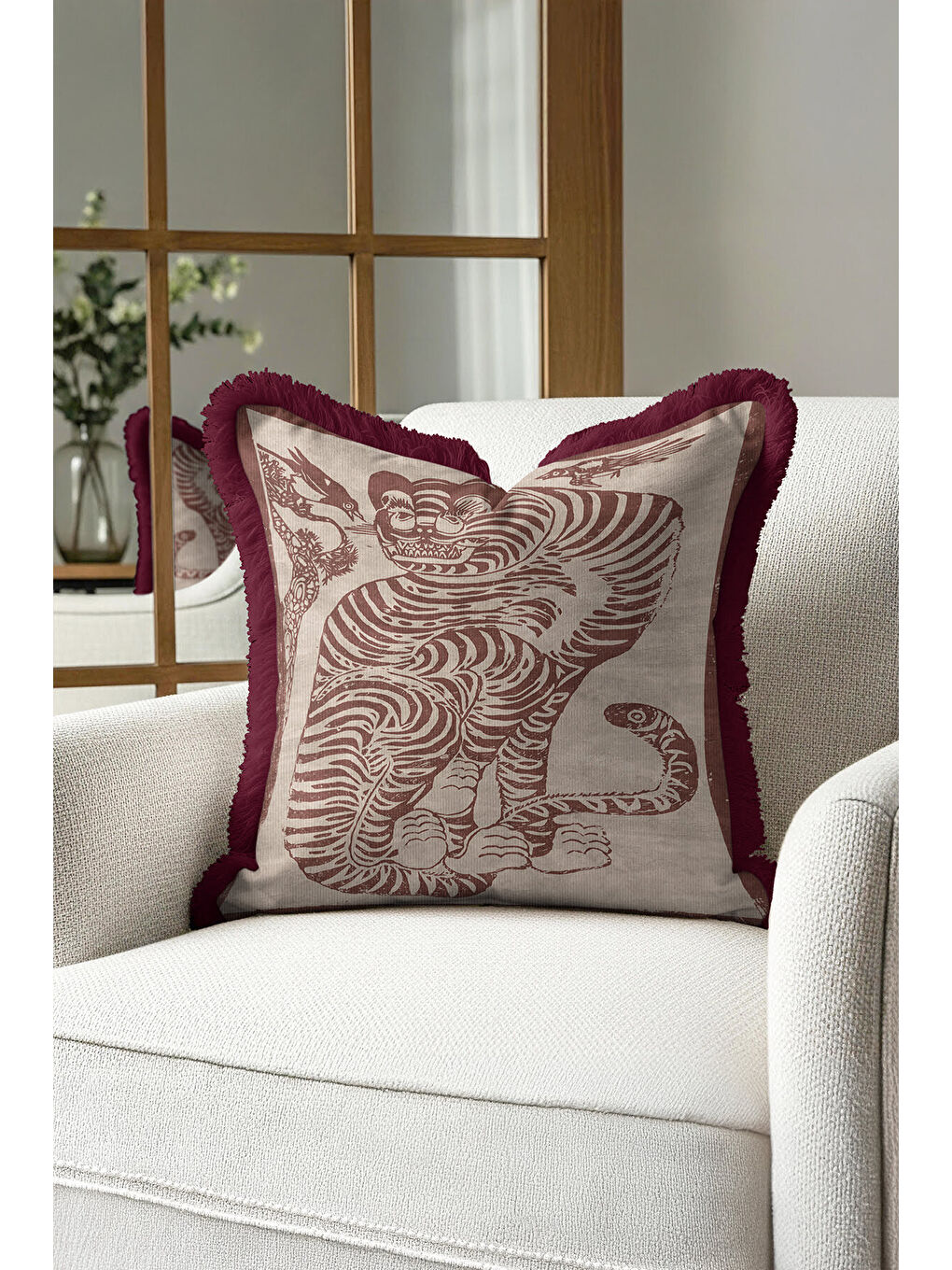 Karışık Asya Esintili Kaplan Motifli Saçaklı Yastık Kılıfı - Retro Bordo Bohem Püsküllü Kırlent Kılıfı-2