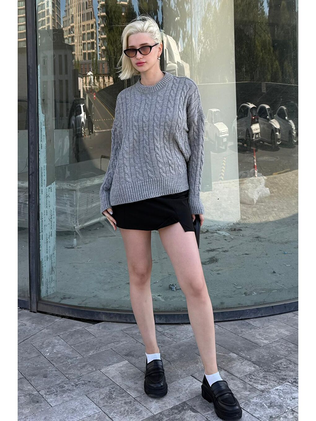 Gri Bisiklet Yaka Örgü Desenli Kadın Triko Kazak Mg2520-1