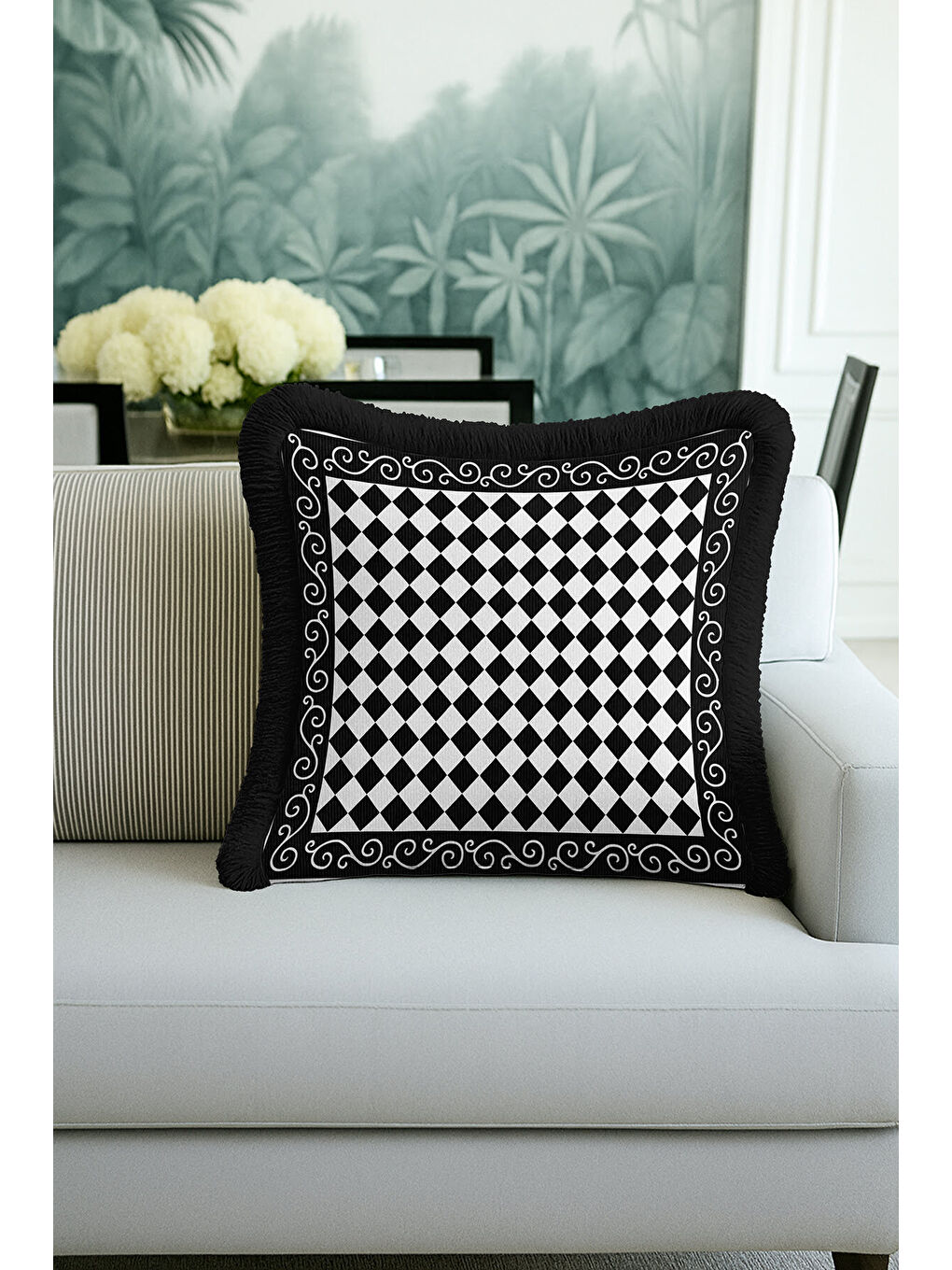 Karışık Harlequin Geometrik Saçaklı Yastık Kılıfı - Siyah Beyaz Klasik Modern Püsküllü Kırlent Kılıfı-3