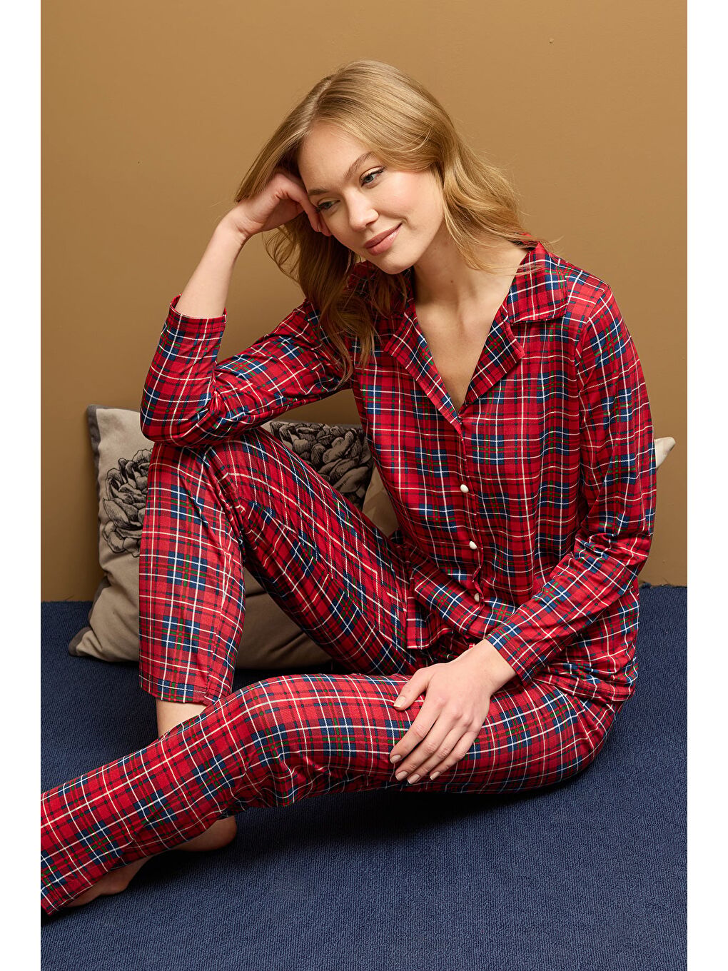 Bordo Ekose Desenli Gömlek Yaka Pijama Takımı-2