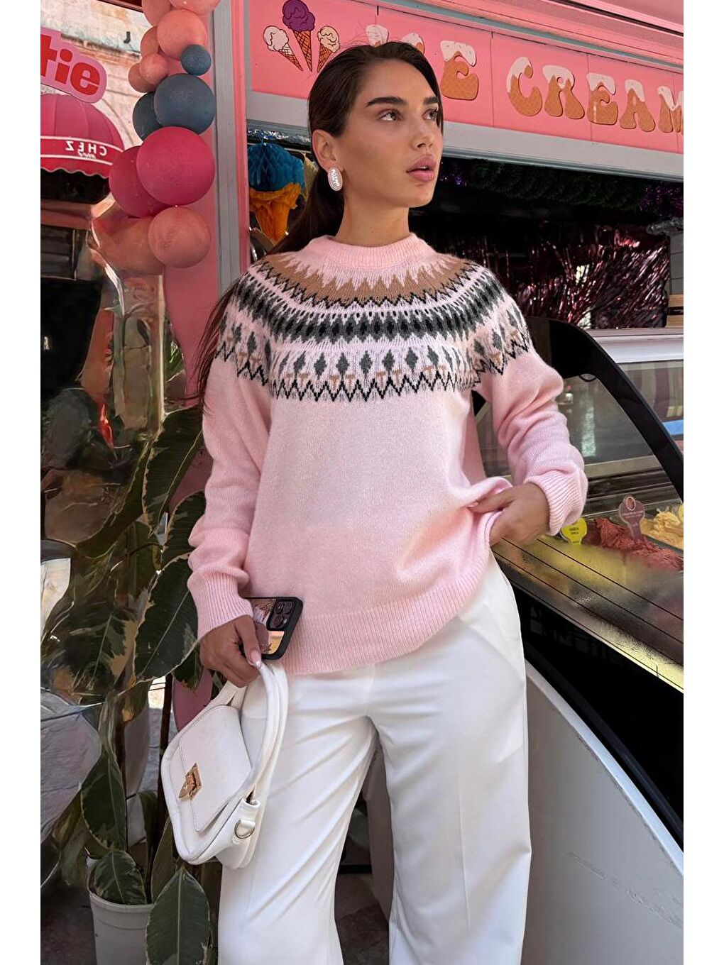 Pembe Bisiklet Yaka Desenli Kadın Triko Kazak Mg2502-7