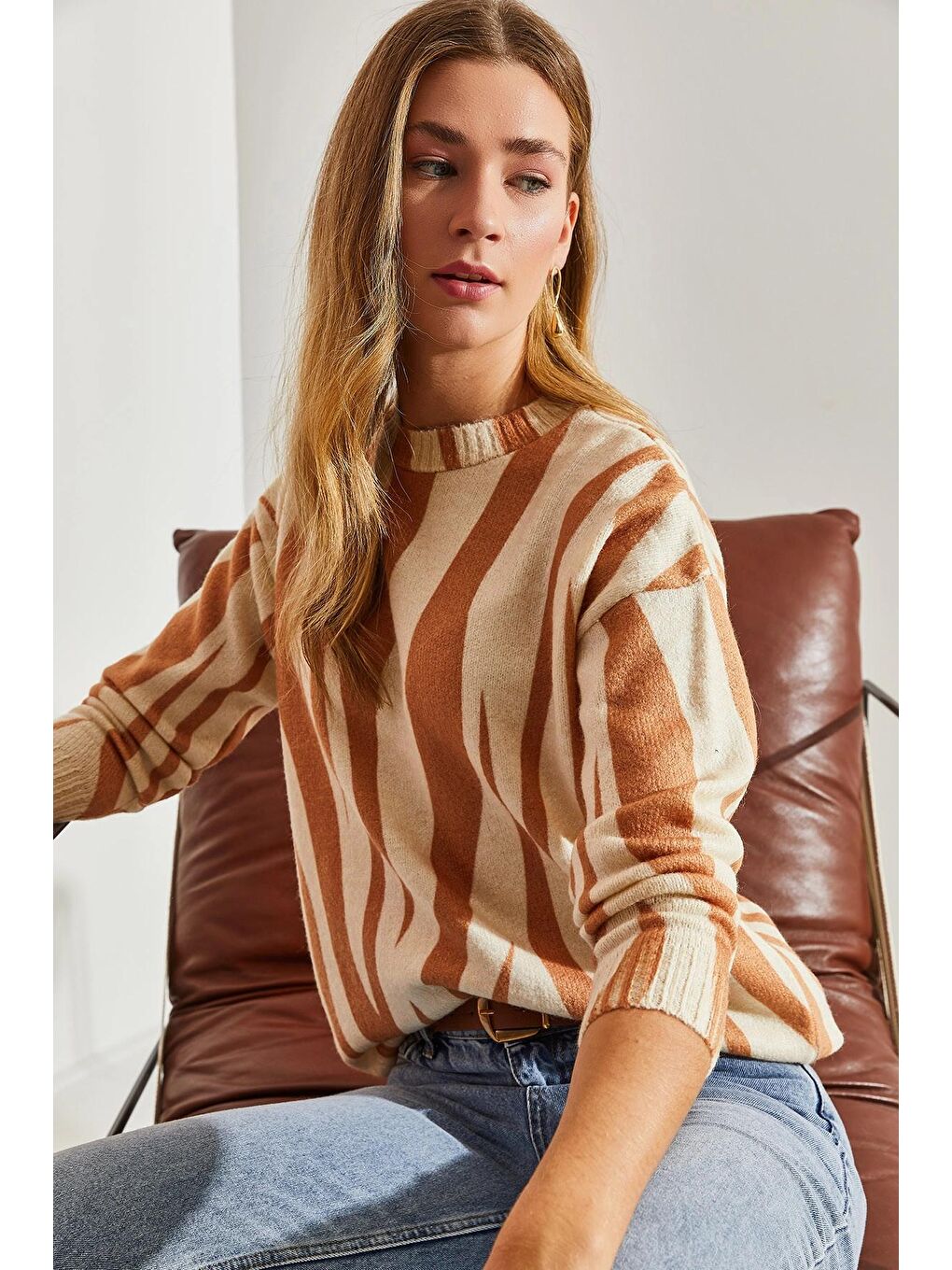 Bej Kadın Parçalı Triko Kazak-4