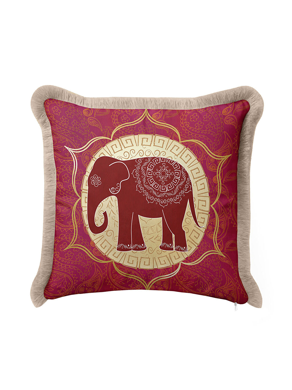 Karışık Hintli Mandala Fil Saçaklı Yastık Kılıfı - Etnik Bohem Kırmızı Sarı Gold Püsküllü Kırlent Kılıfı-3