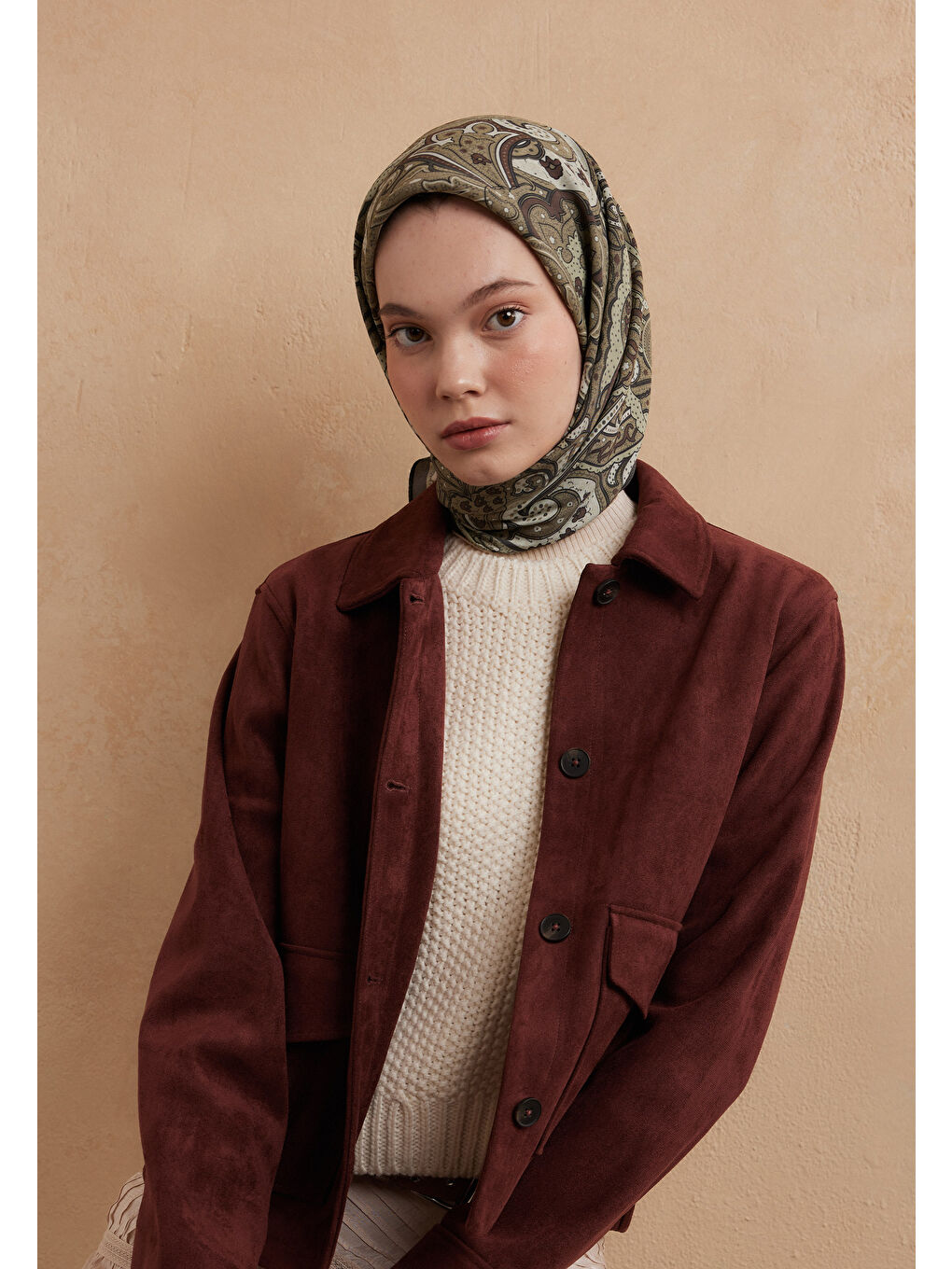 Sıara Desen Pamuk İpek Eşarp Küf Yeşili-3