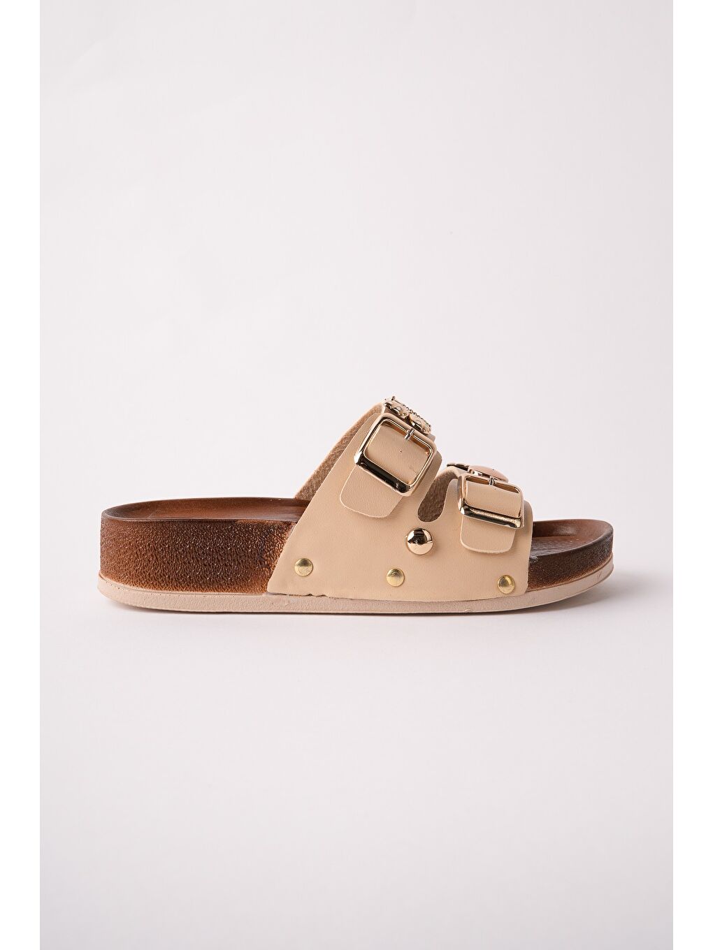 Bej NYSSA Kelebek Aksesuarlı Çift Tokalı Günlük Kadın Terlik-1