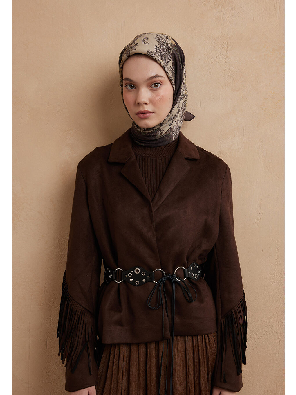 Kahverengi Darıa Desen Pamuk İpek Eşarp Kızıl Kahve-2