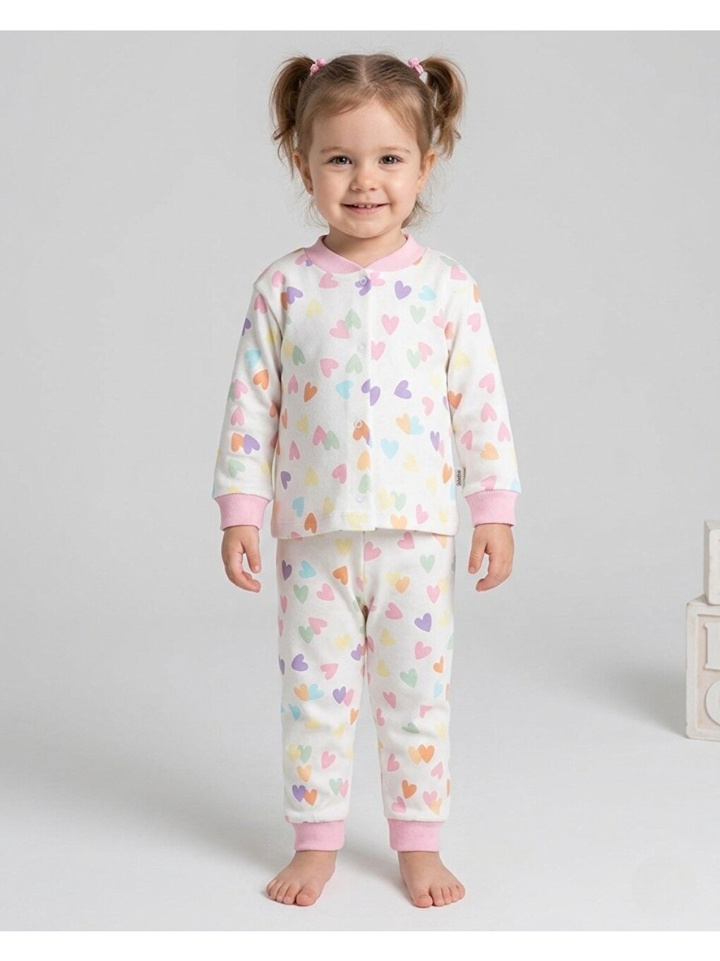 Ekru Kız Çocuk Kalp Baskılı Çıtçıtlı Mevsimlik %100 Pamuk Pijama Takımı
