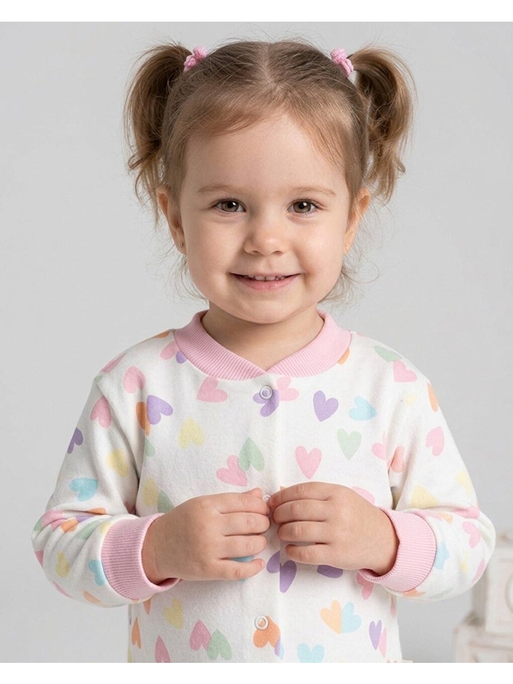Ekru Kız Çocuk Kalp Baskılı Çıtçıtlı Mevsimlik %100 Pamuk Pijama Takımı-1