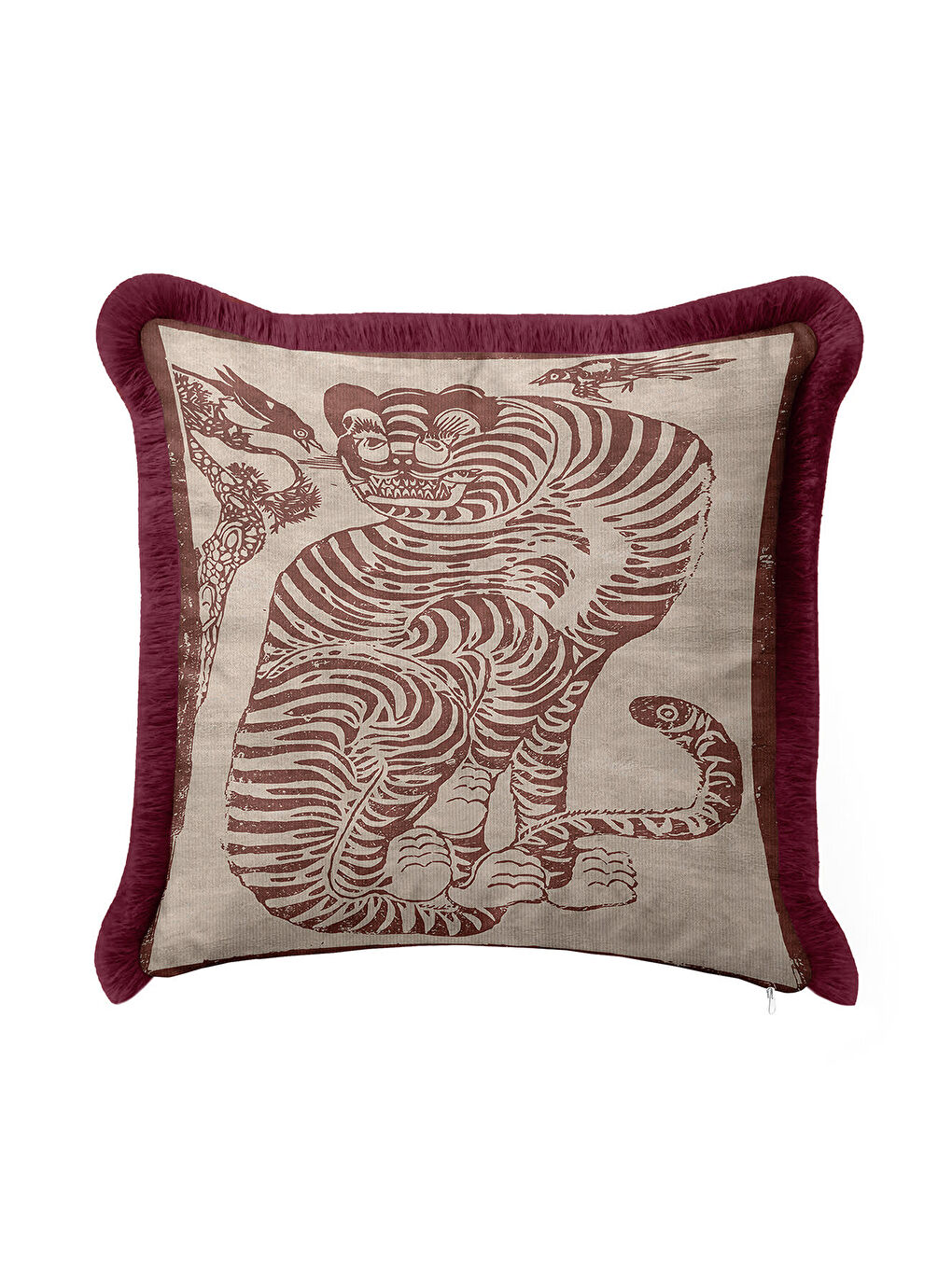 Karışık Asya Esintili Kaplan Motifli Saçaklı Yastık Kılıfı - Retro Bordo Bohem Püsküllü Kırlent Kılıfı-3