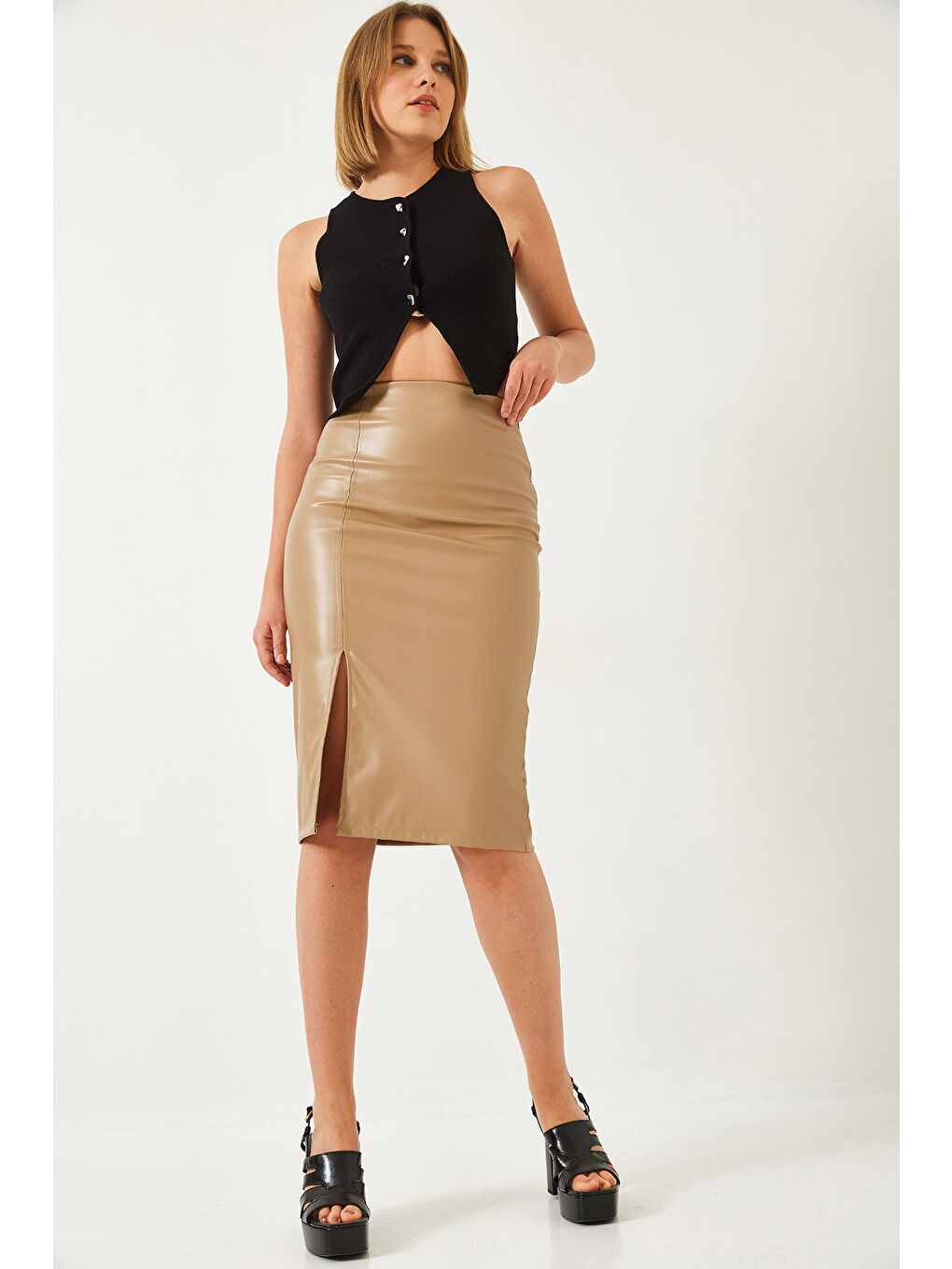 Kahverengi Kadın Yırtmaçlı Deri Kalem Etek-2