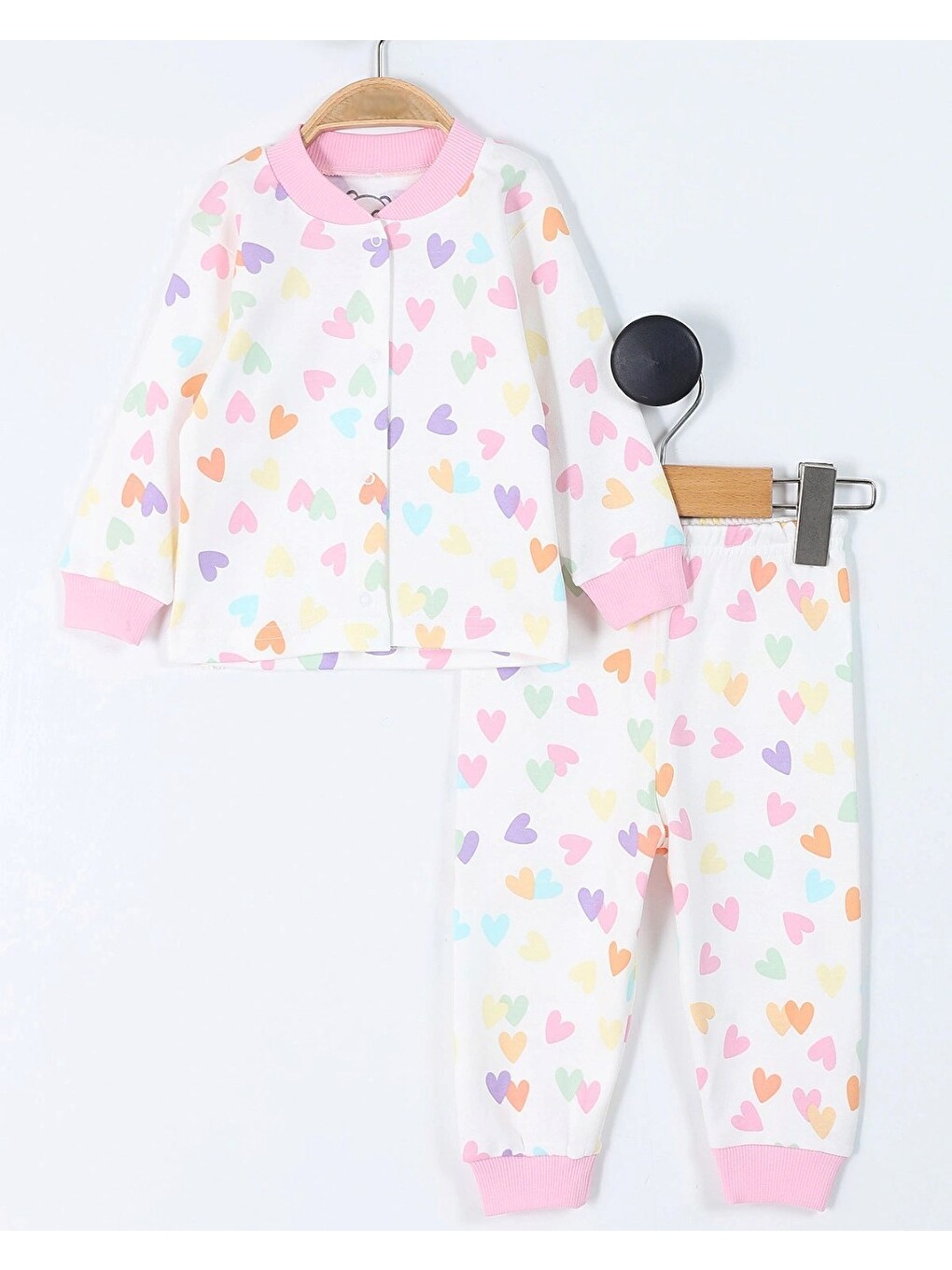 Ekru Kız Çocuk Kalp Baskılı Çıtçıtlı Mevsimlik %100 Pamuk Pijama Takımı-2