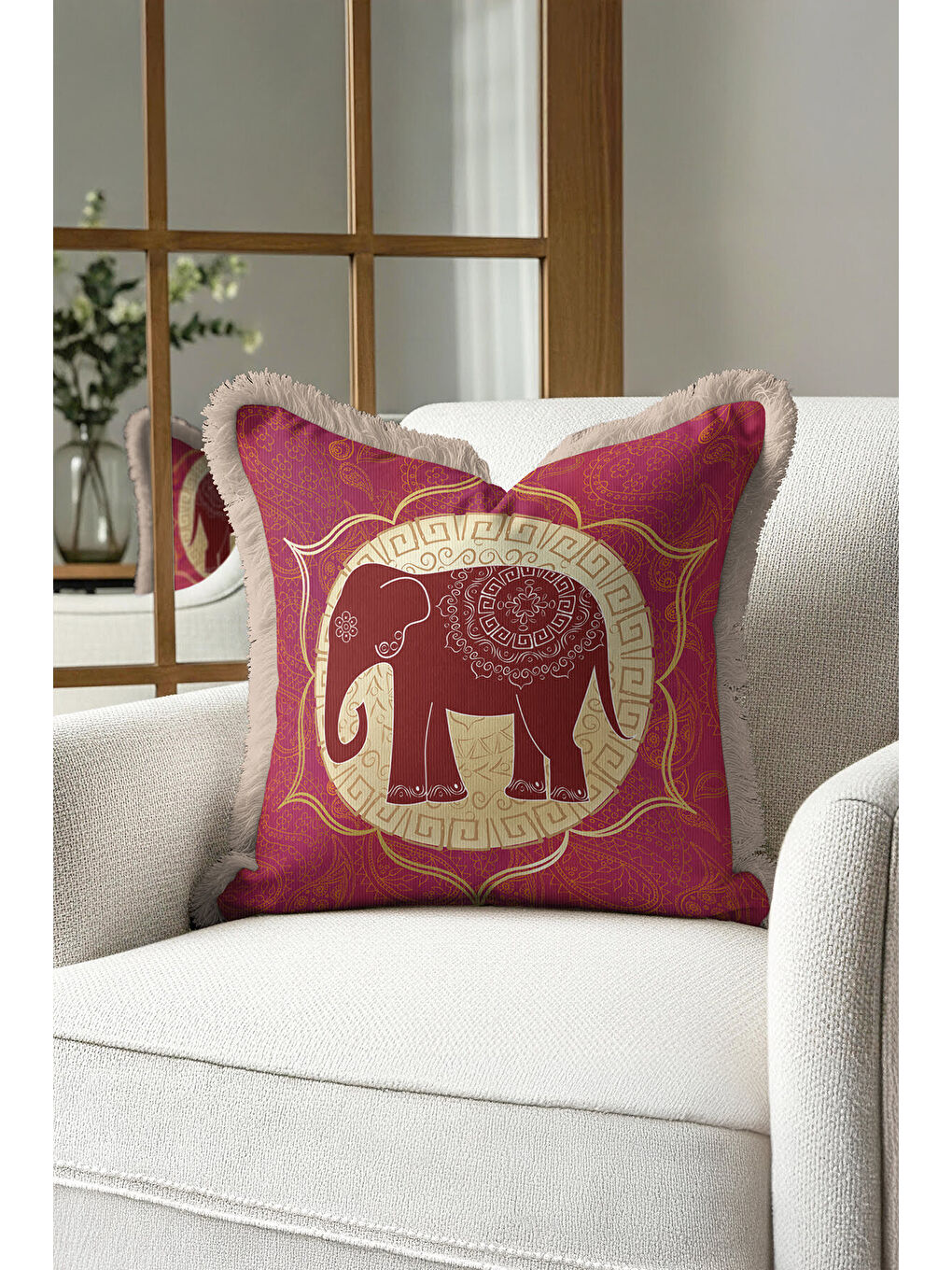 Karışık Hintli Mandala Fil Saçaklı Yastık Kılıfı - Etnik Bohem Kırmızı Sarı Gold Püsküllü Kırlent Kılıfı-4