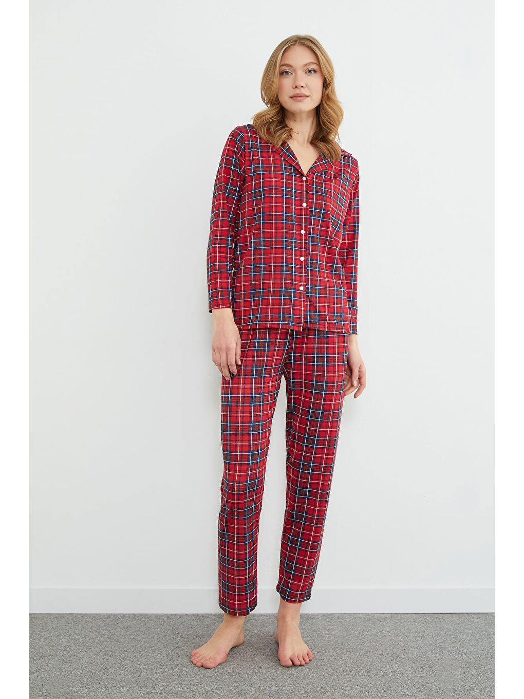 Bordo Ekose Desenli Gömlek Yaka Pijama Takımı-3