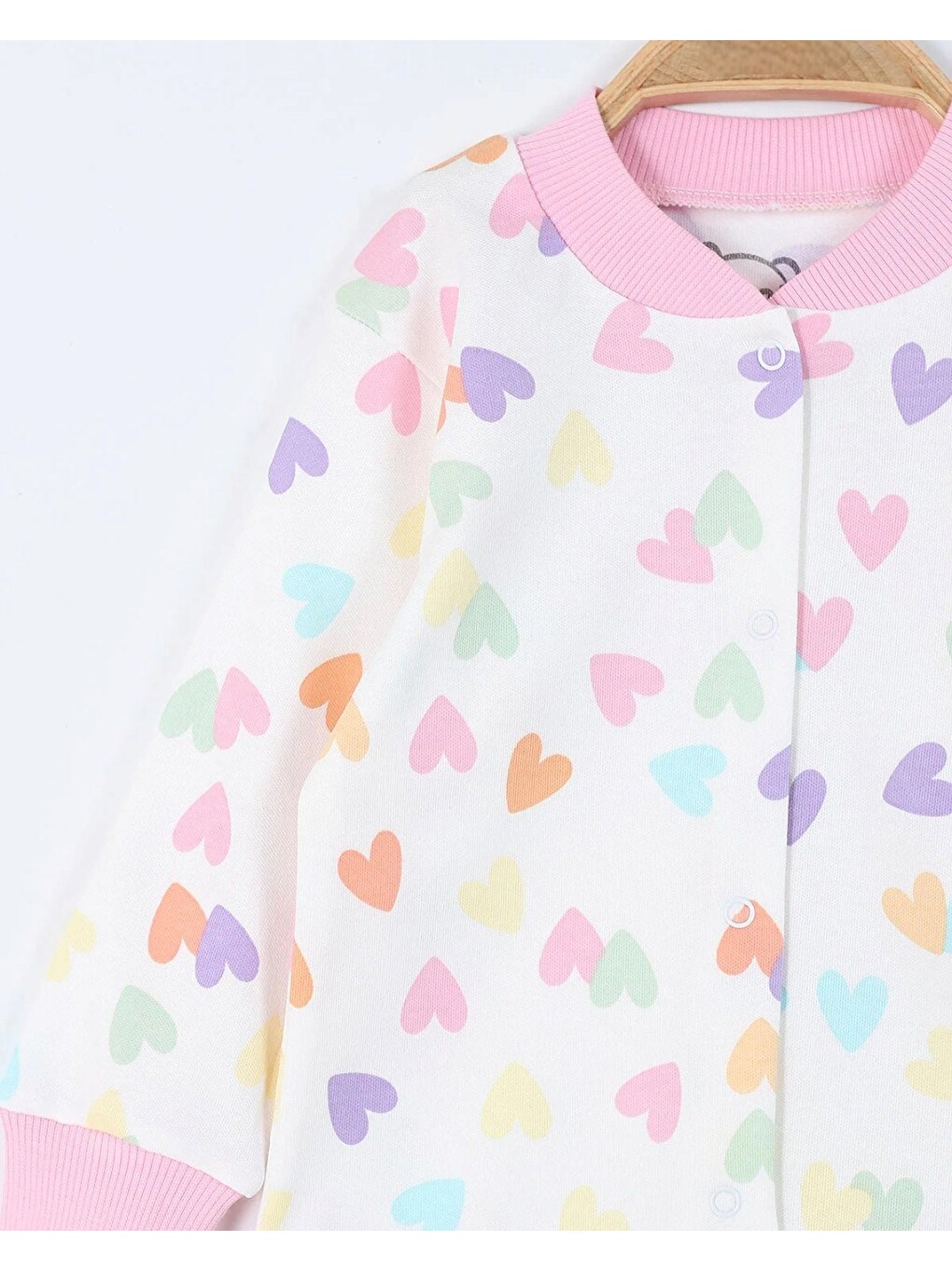 Ekru Kız Çocuk Kalp Baskılı Çıtçıtlı Mevsimlik %100 Pamuk Pijama Takımı-3