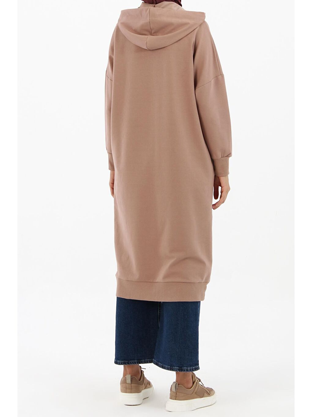 Bej Vizon Kuşgözlü Kapüşonlu Cepli Sweat Tunik-3