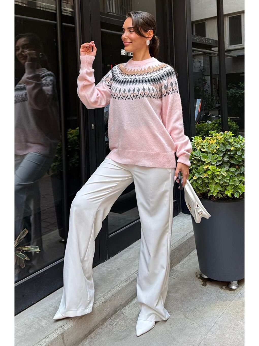 Pembe Bisiklet Yaka Desenli Kadın Triko Kazak Mg2502-8