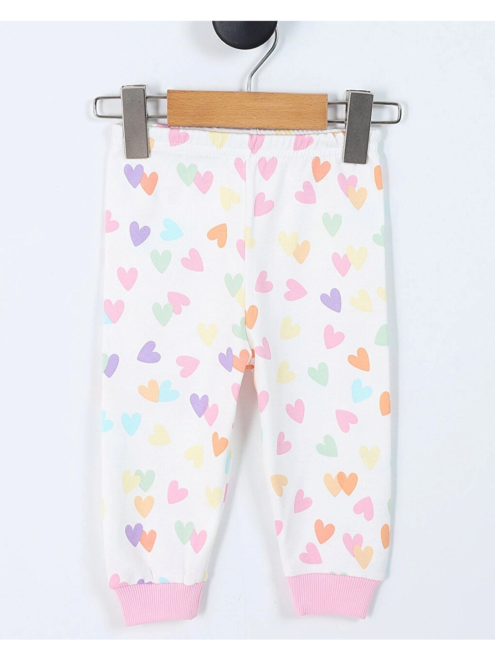 Ekru Kız Çocuk Kalp Baskılı Çıtçıtlı Mevsimlik %100 Pamuk Pijama Takımı-4