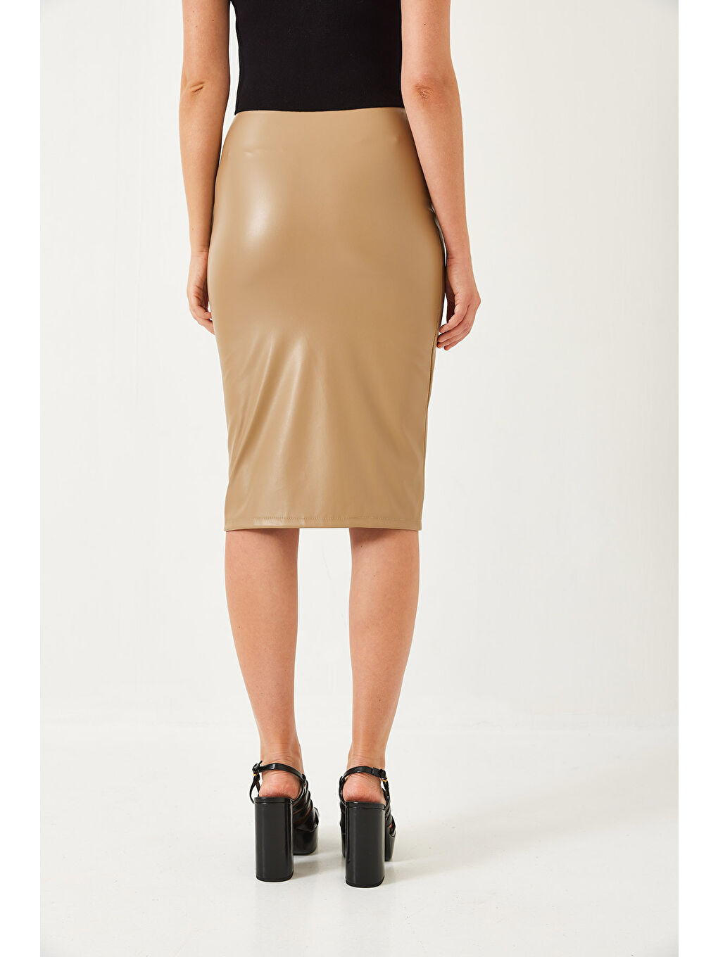 Kahverengi Kadın Yırtmaçlı Deri Kalem Etek-6