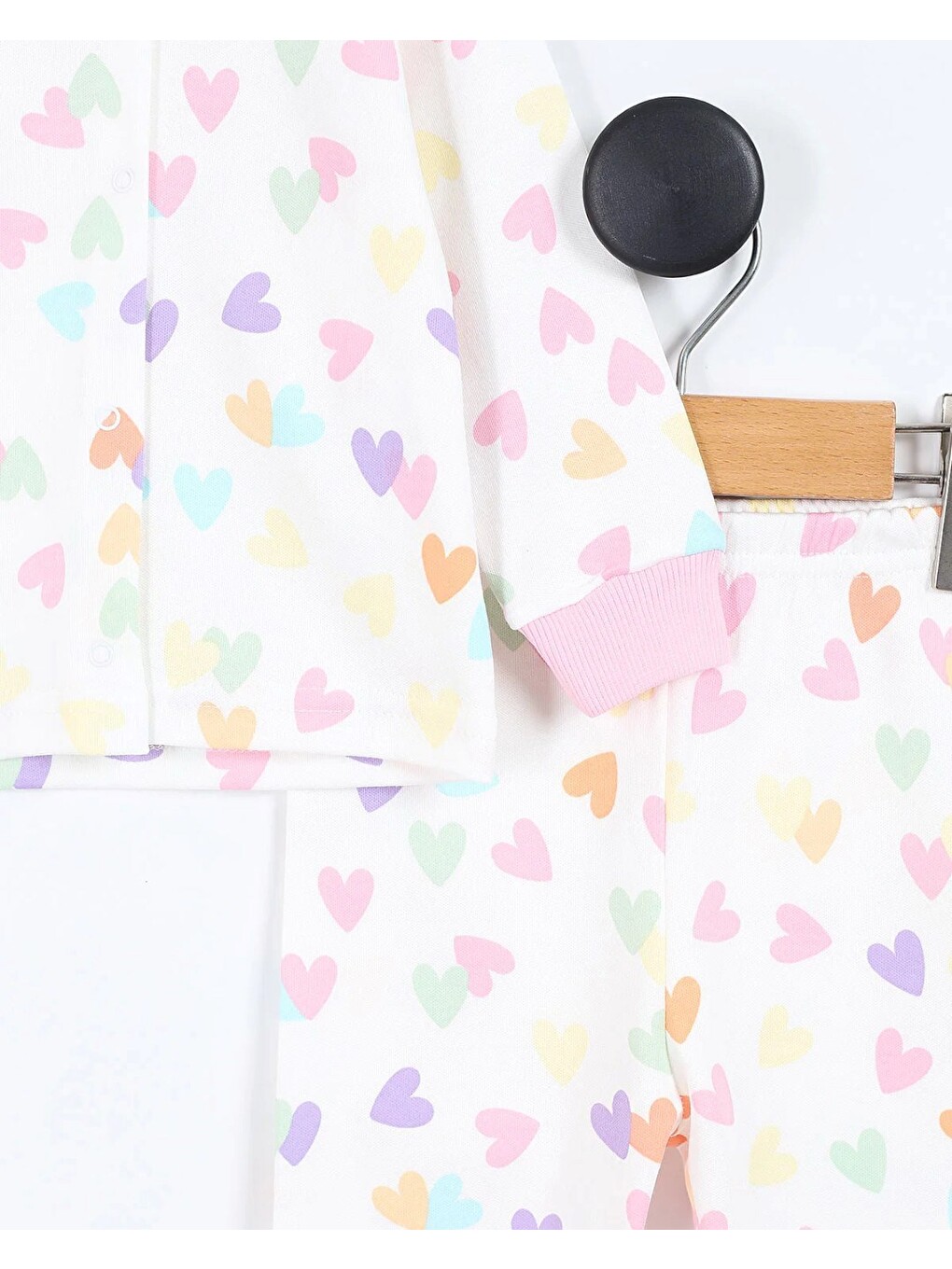 Ekru Kız Çocuk Kalp Baskılı Çıtçıtlı Mevsimlik %100 Pamuk Pijama Takımı-5