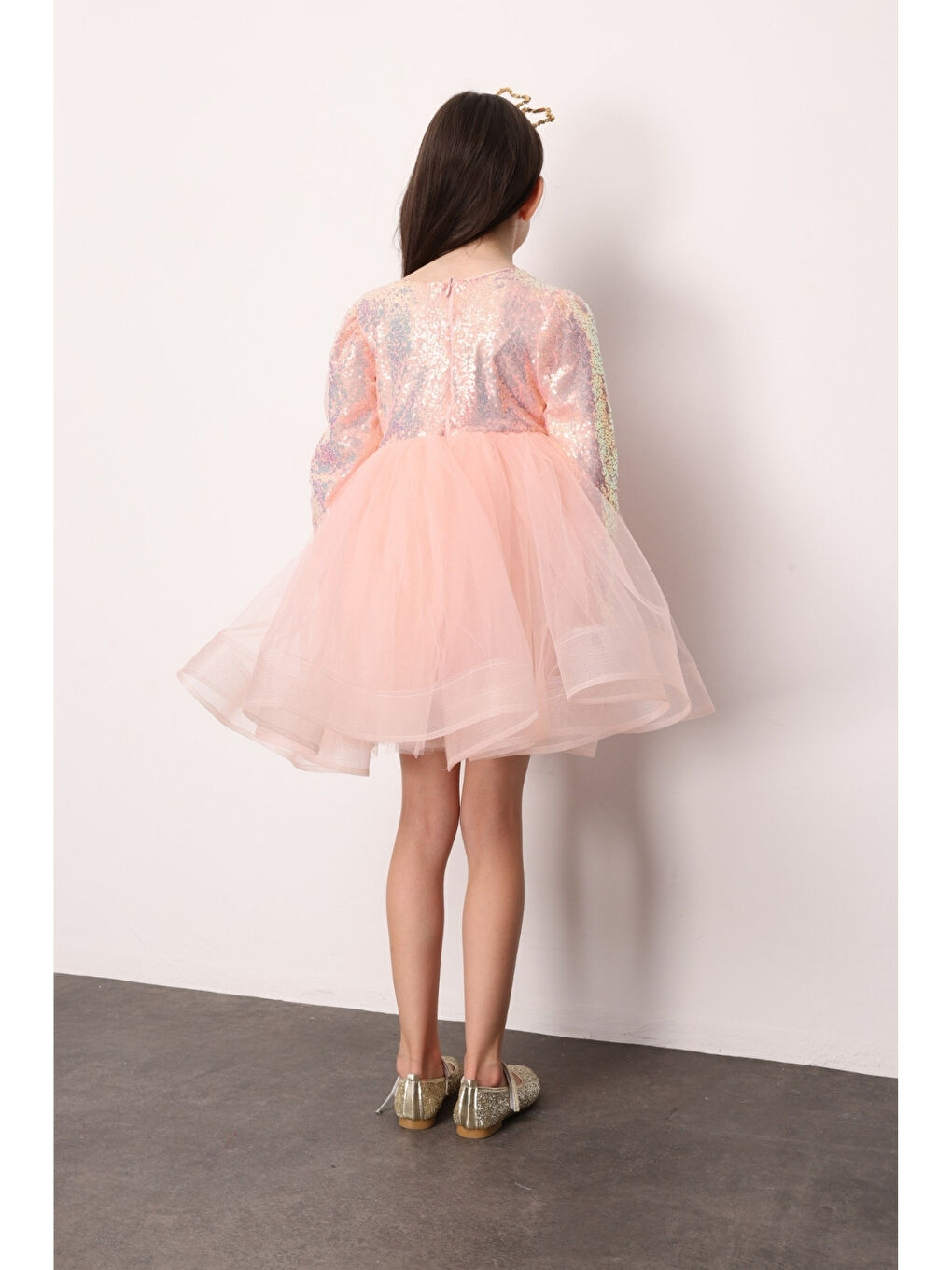 Pembe Somon Pullu Grenli Fiyonk Detaylı Kız Çocuk Elbise - Irene-3