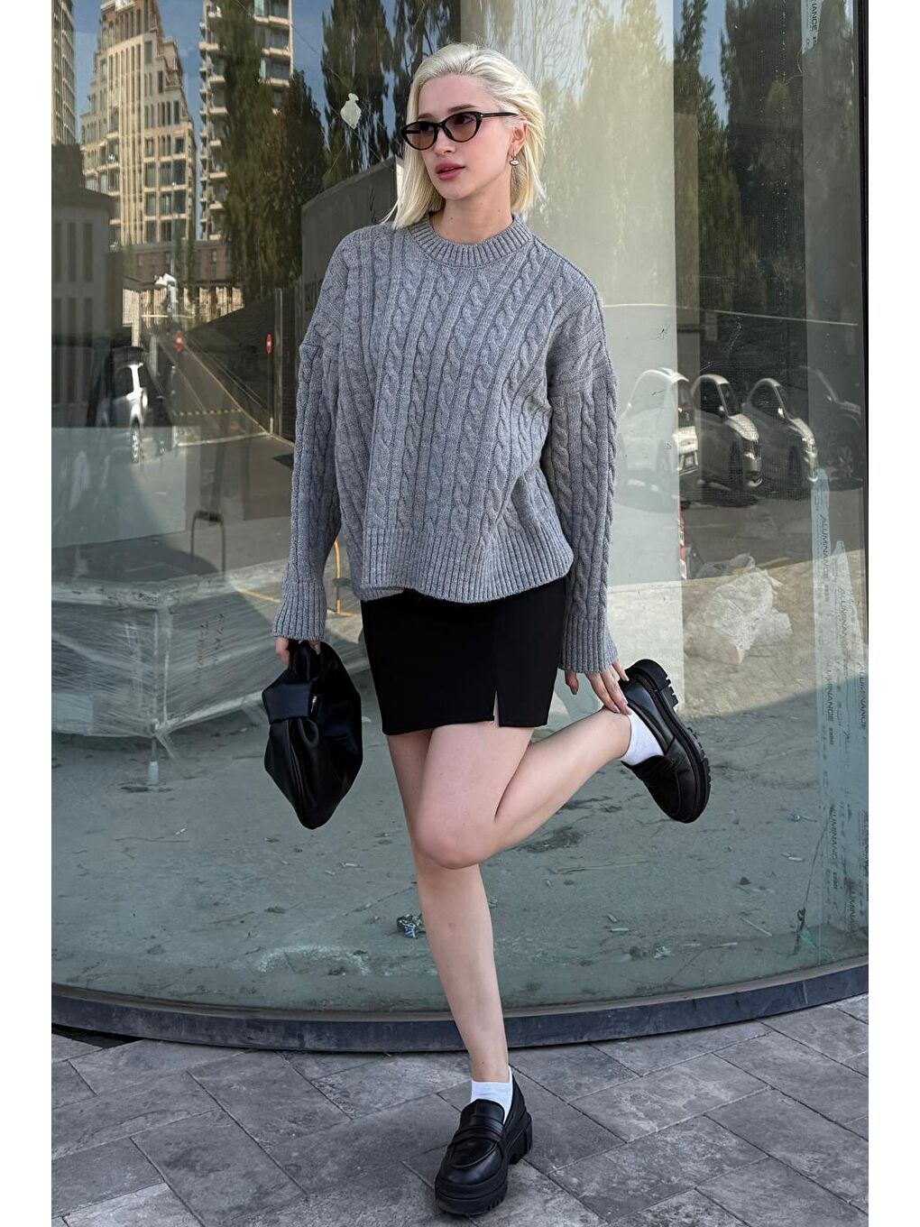 Gri Bisiklet Yaka Örgü Desenli Kadın Triko Kazak Mg2520-2