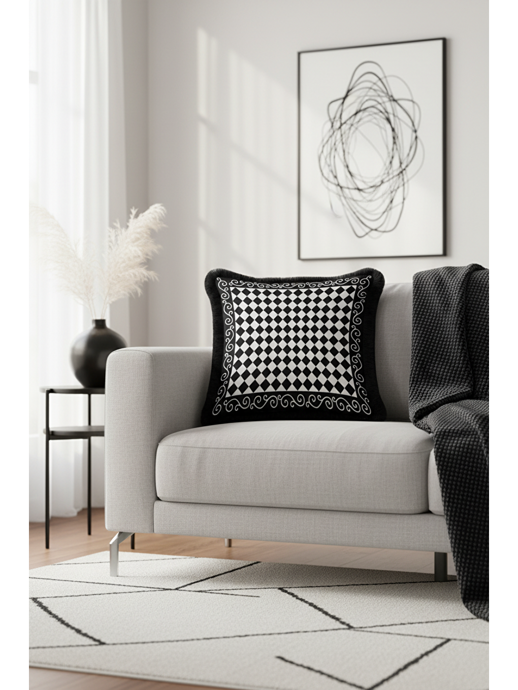Karışık Harlequin Geometrik Saçaklı Yastık Kılıfı - Siyah Beyaz Klasik Modern Püsküllü Kırlent Kılıfı-4